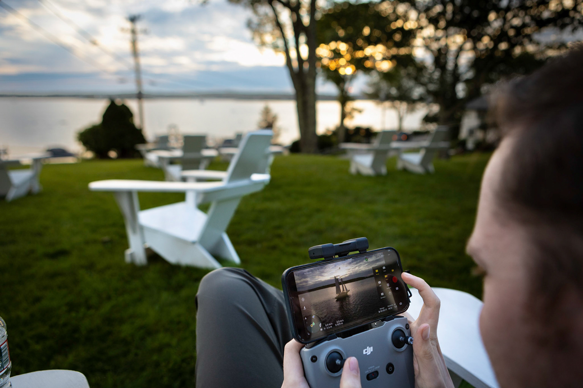Piloting a drone for sunset photos over Boothbay Harbor in Maine
