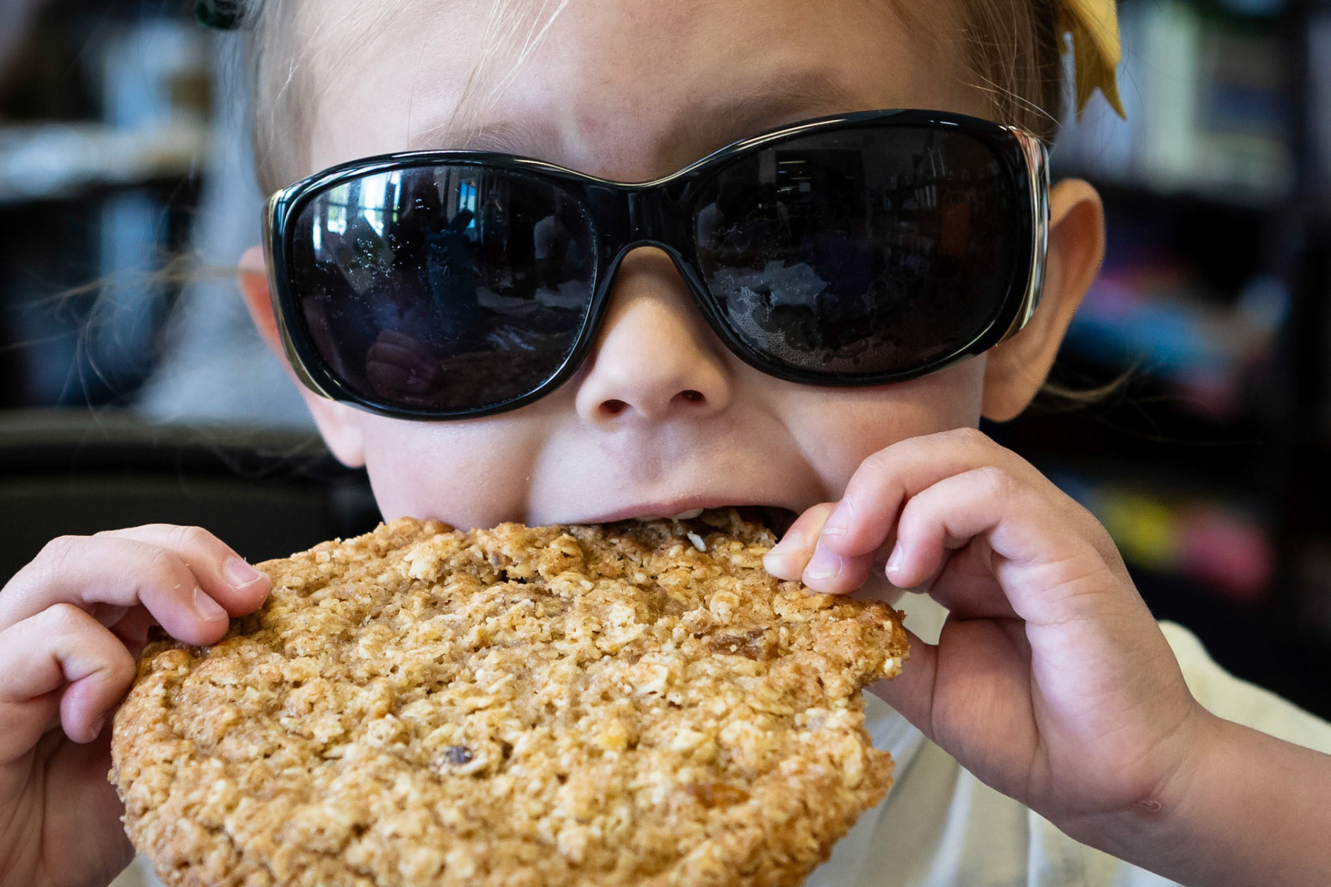 Sporting Me-me's Pradas whle enjoying an oatmeal cookie