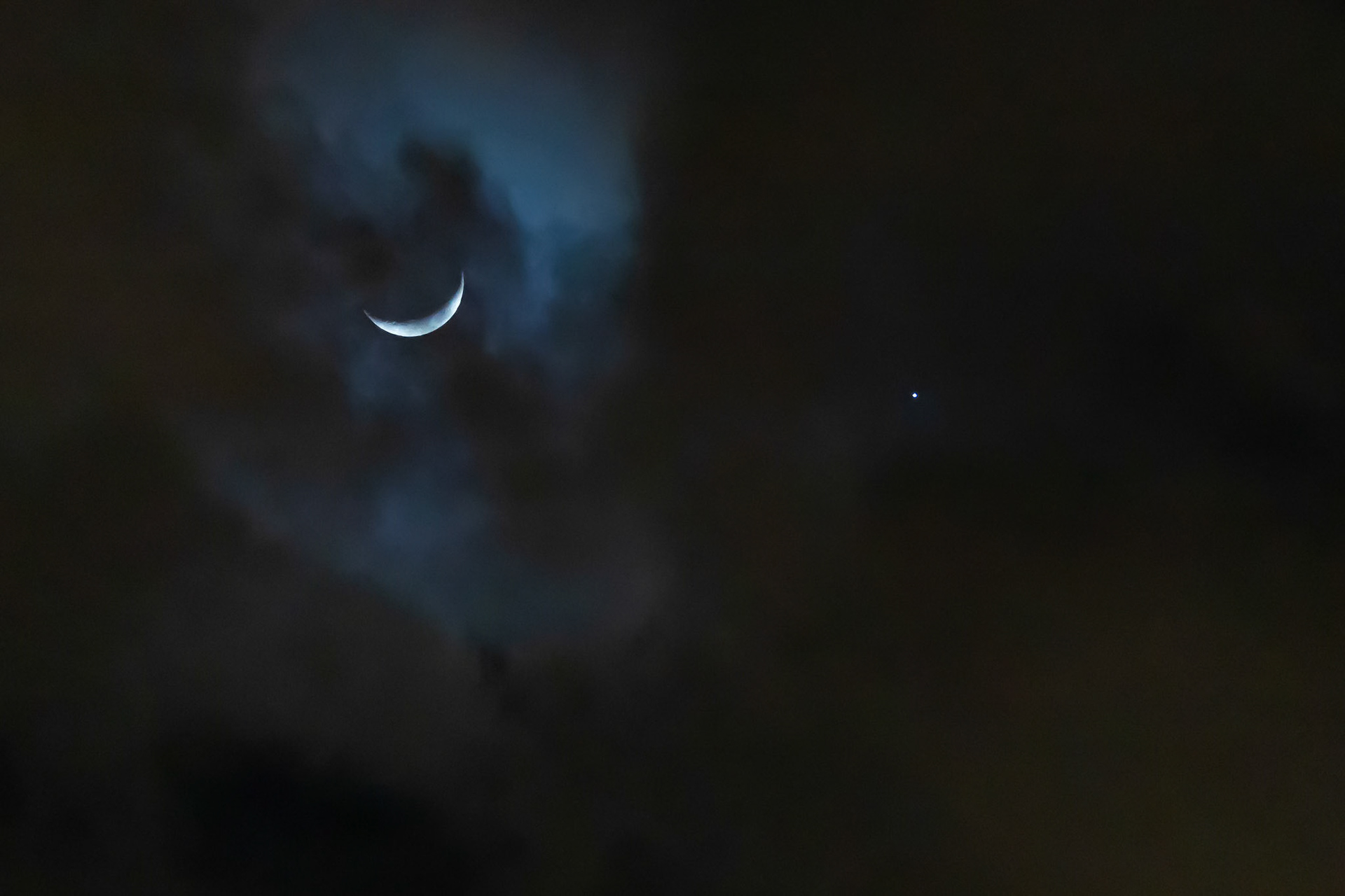 A crescent moon lingers near Venus