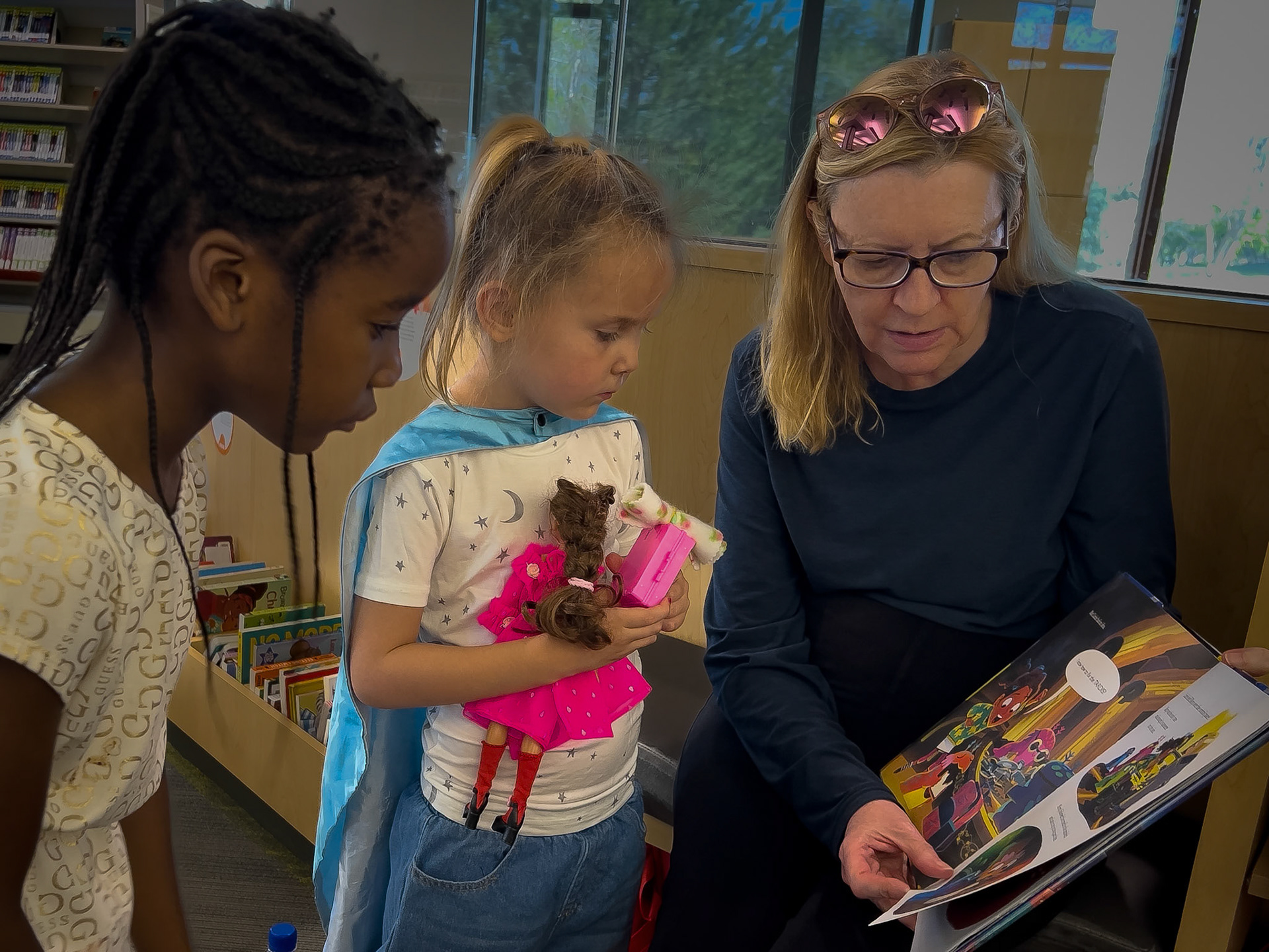 Sharing story time with a new friend at the library