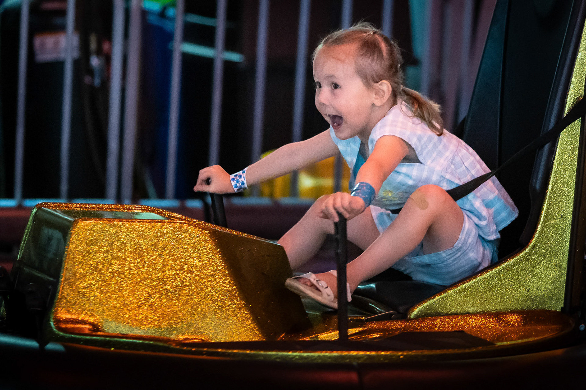 Figuring out spin mode on  the bumper cars at Family Sports Center