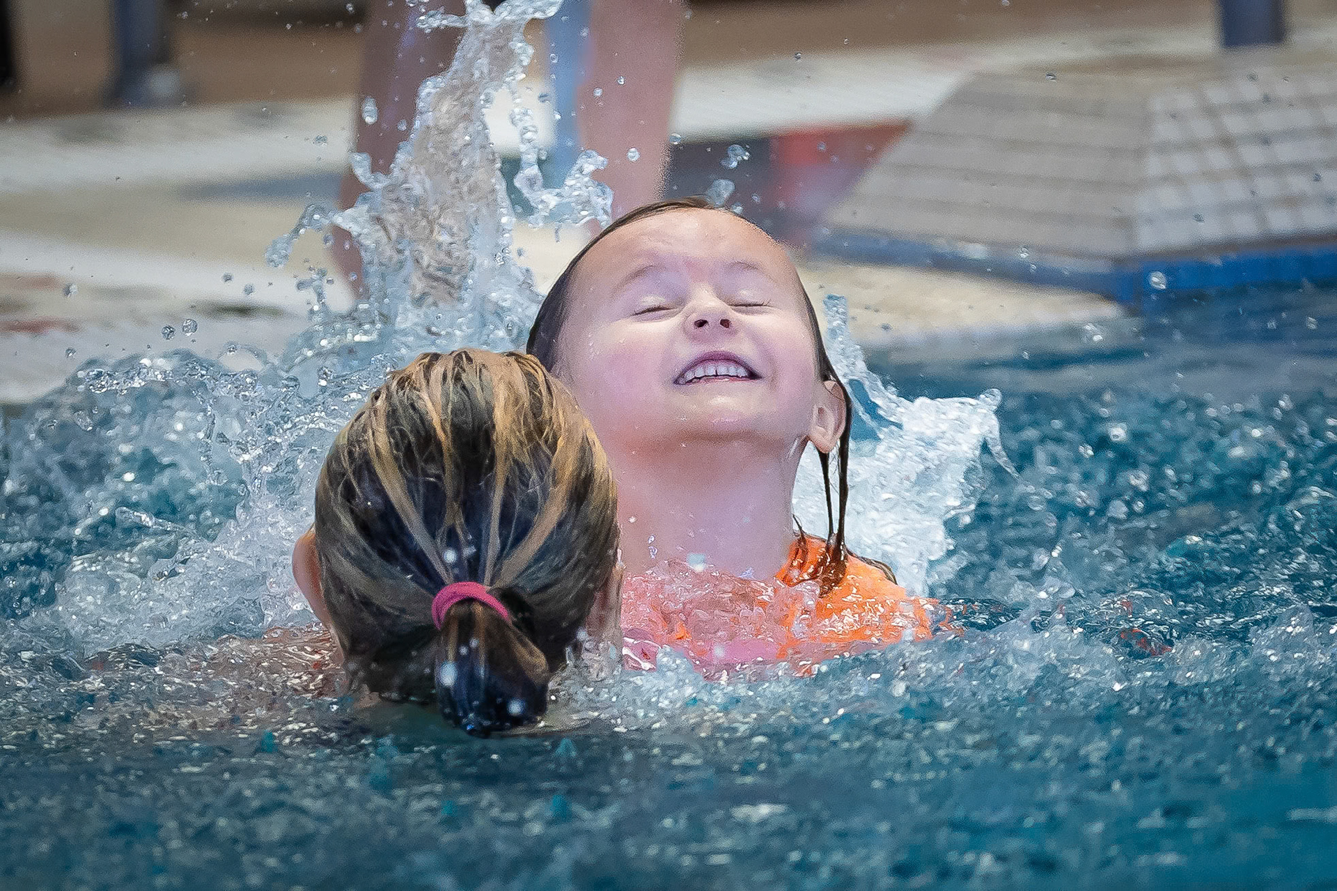 Taking the plunge during a swim lesson at Buck Recreation Center
