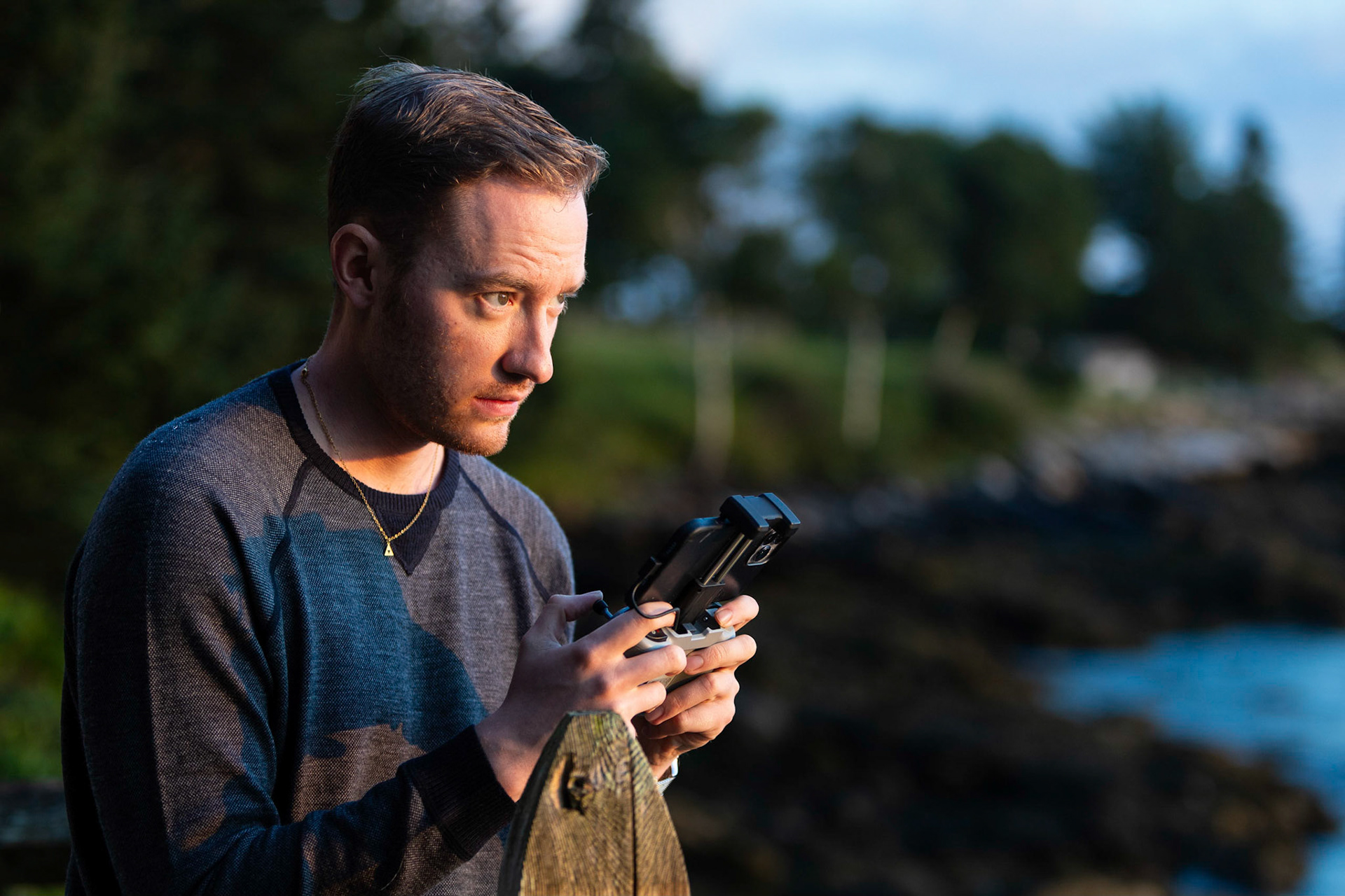 Piloting a drone for sunset photos over Boothbay Harbor in Maine