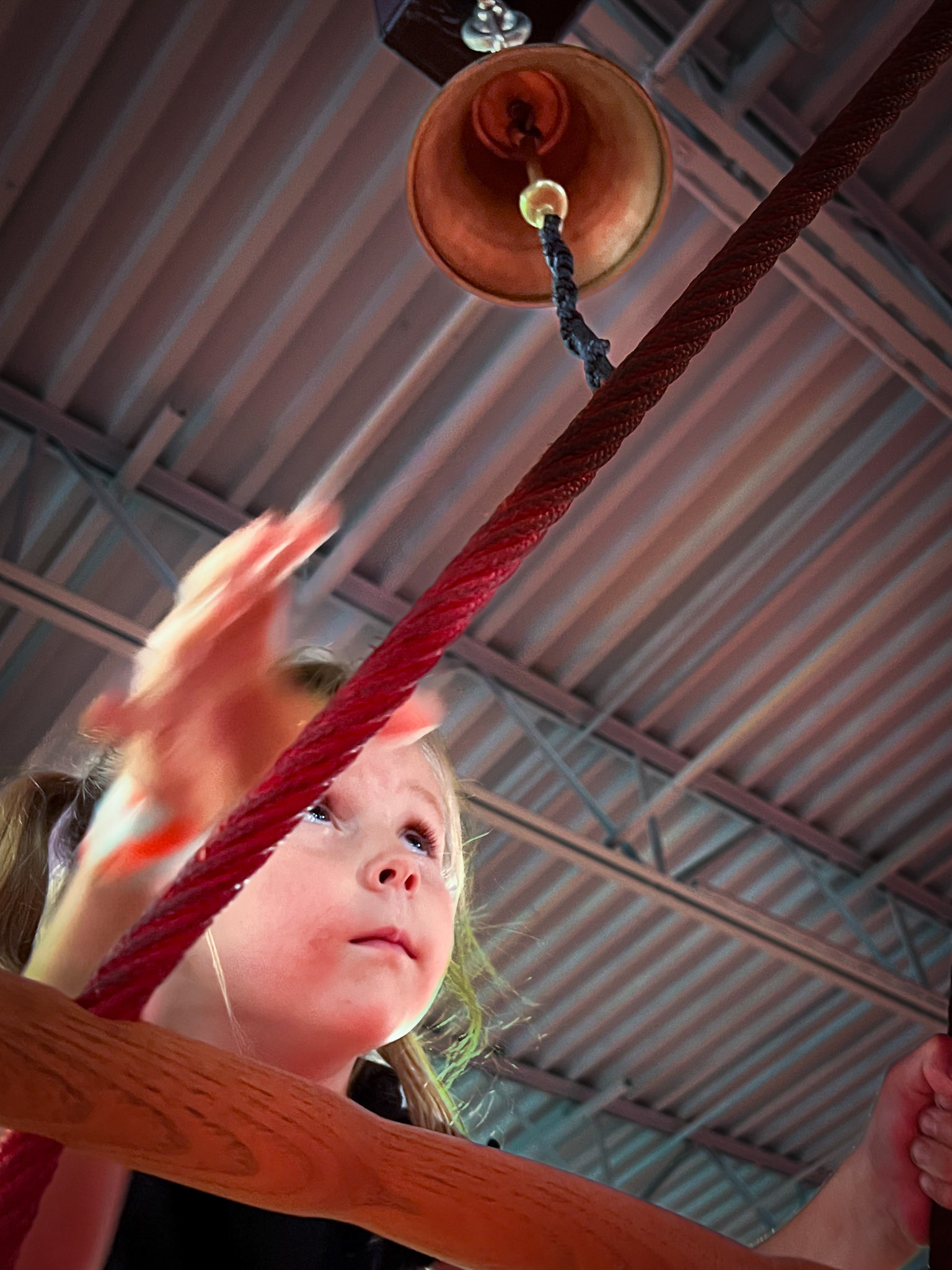 Ringing the bell atop a challenging rope ladder at Lava Island
