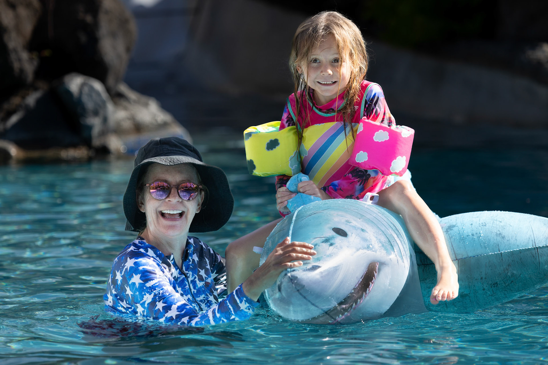 Riding the shark with Mimi in the Grand Wailea pool