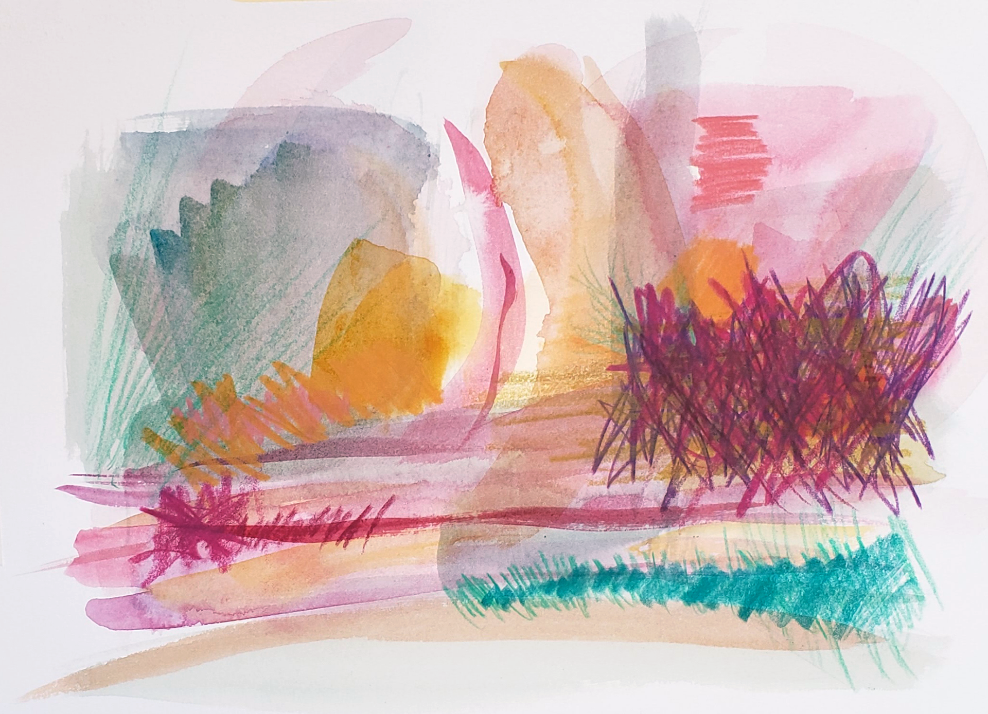 Desert Sunrise No. 3. Watercolor and colored pencil, 7 x 10 inches.