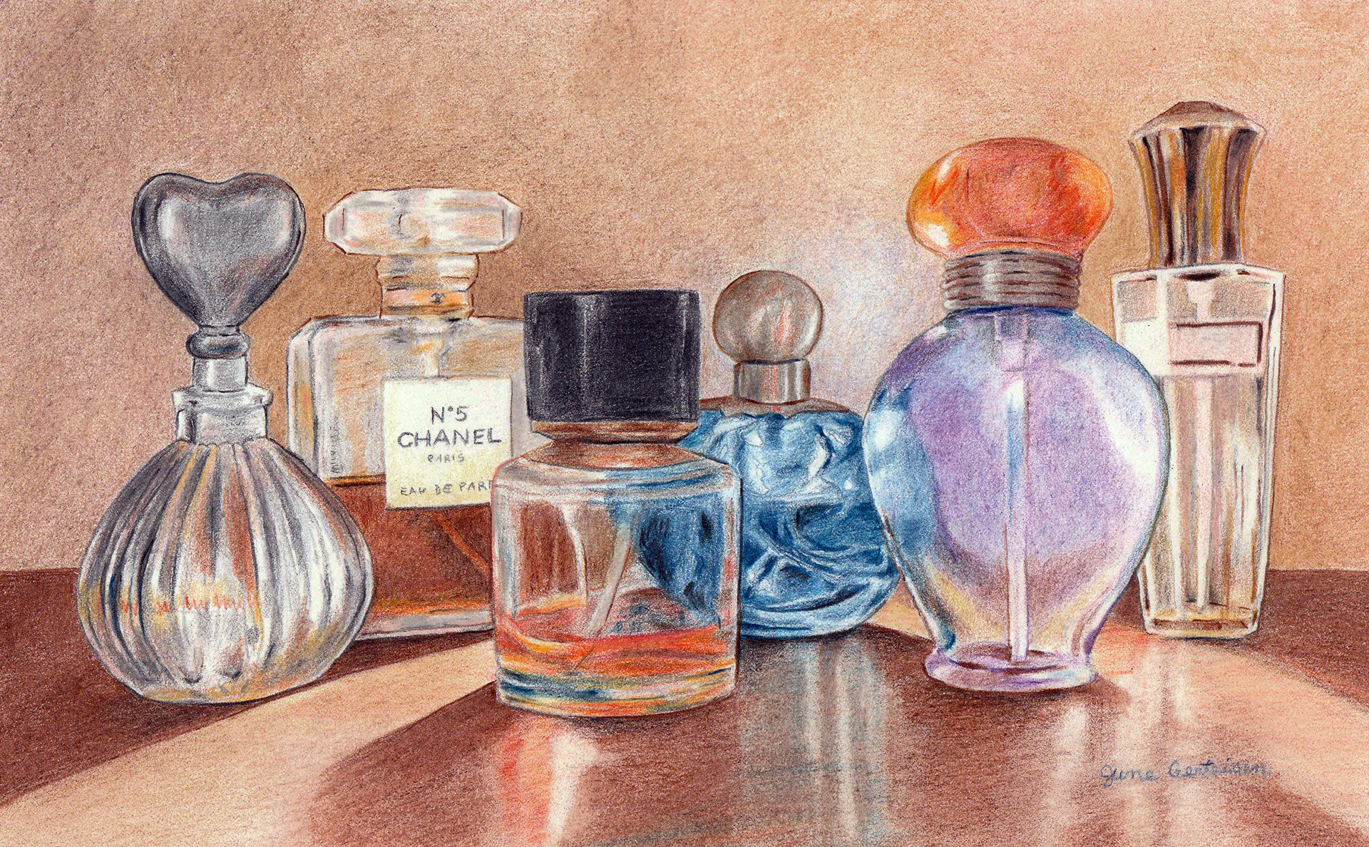 Chanel No 5, 2026. Colored pencil, 100% cotton 140lb hotpress paper, 7 x 10 inches.