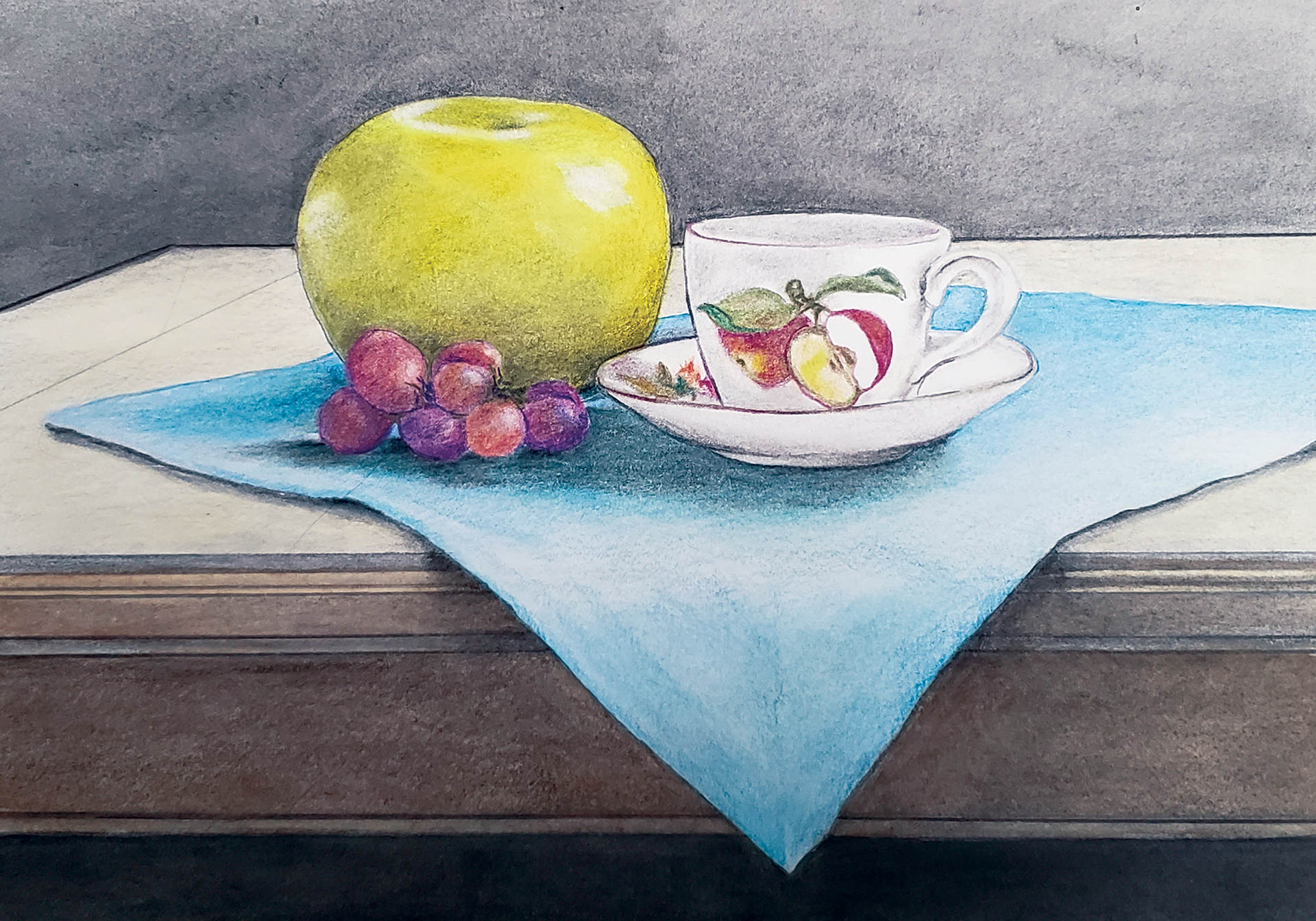 Pomelo, Teacup and Grapes, 2025. Colored pencil, 100% cotton 140lb hotpress paper, 7 x 10 inches.
