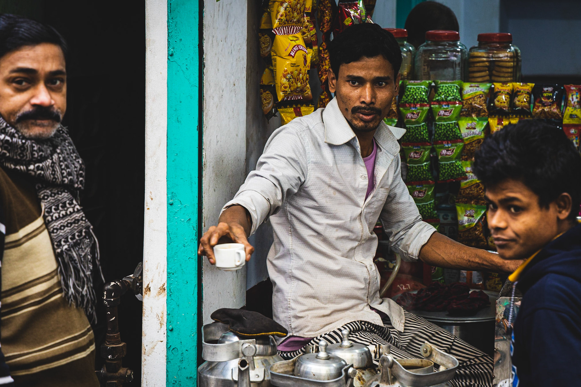 A man selling tea on Hindu Street in Old Dhaka, Bangladesh.