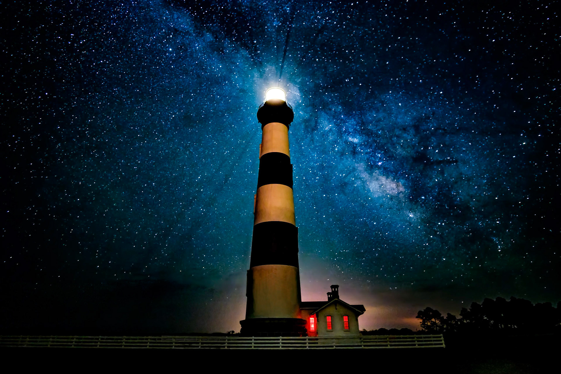 The Milky Way over the Bode Island lighthouse in the Outer Banks, North Carolina.