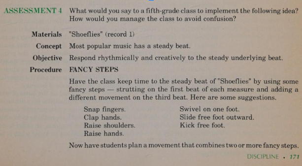 Page 171 from a Silver Burdett music curriculum teacher's guide outlining classroom activity and dance steps for the song 'Shoeflies' by Bob Sakayama.