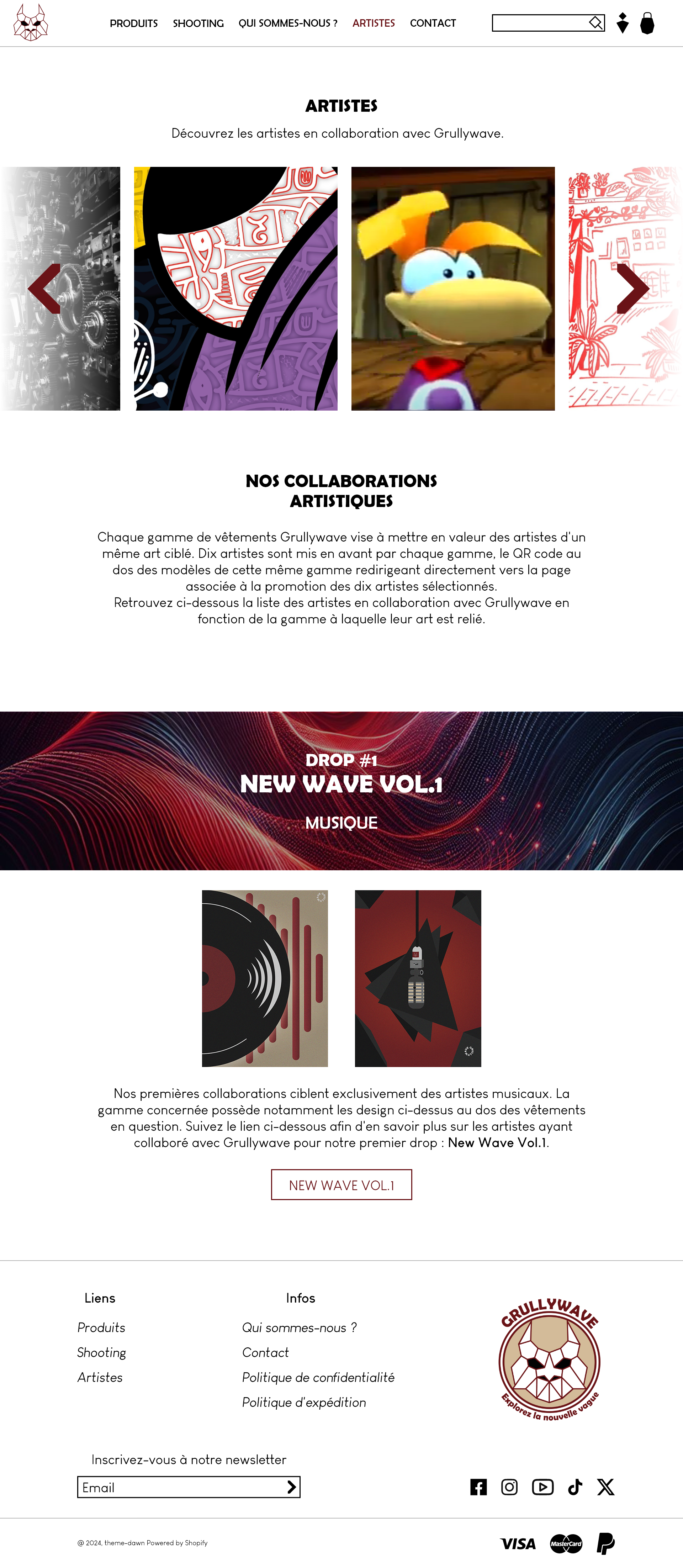 Maquette d'une page "présentation d'artistes" du site Grullywave
