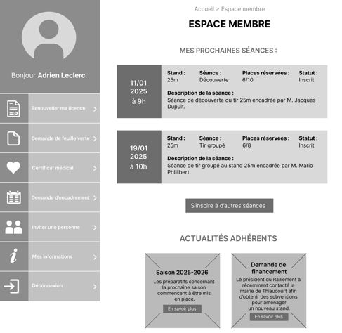 wireframe de l'espace membre refondu