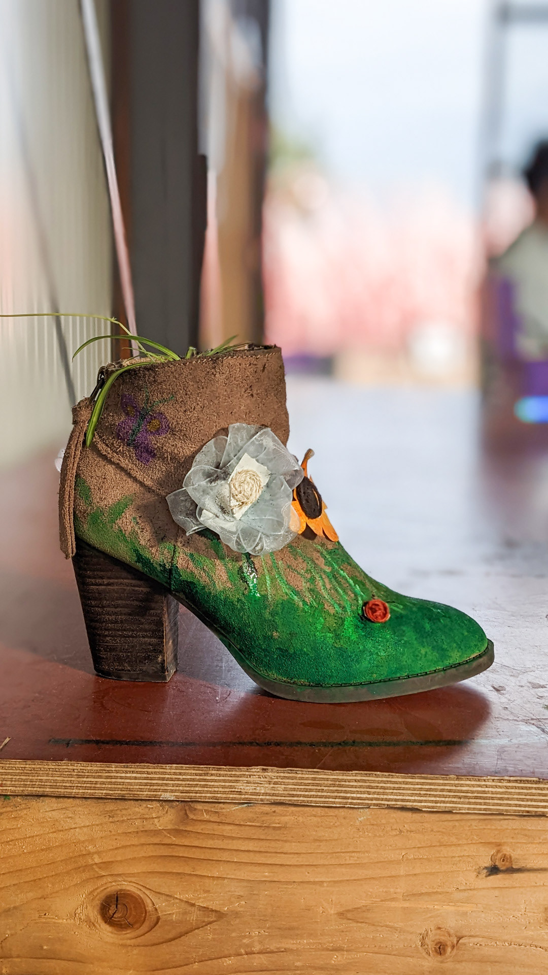 Ankle boot • aloe vera • “I came to this workshop with this girl, this artwork is a reference to our date last week. We went flower picking. I picked some flowers and there was a ladybird in it.”