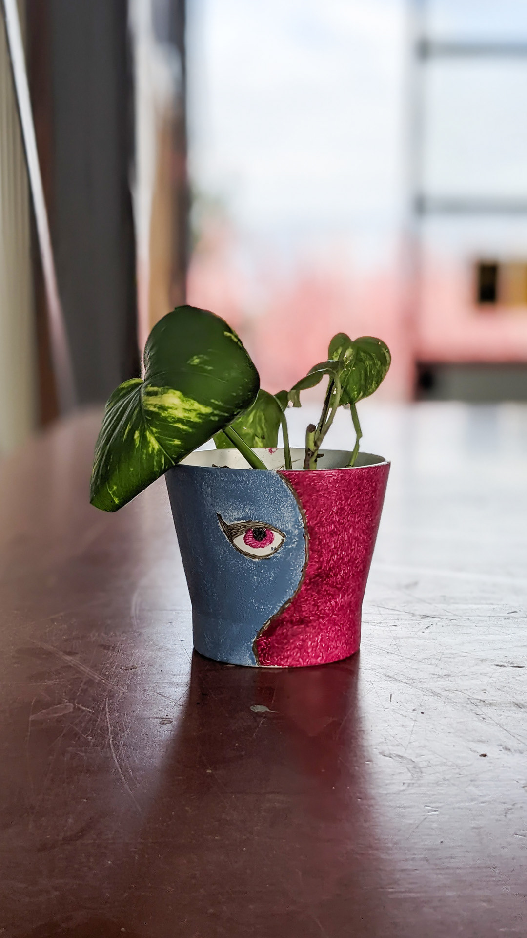 Plant pot • golden pothos • “We did a couple’s project on this one. I painted half and my boyfriend painted the other half. It's one of many supermarket plants I buy that quickly grow too big for the pot, then I can't use them anymore.”