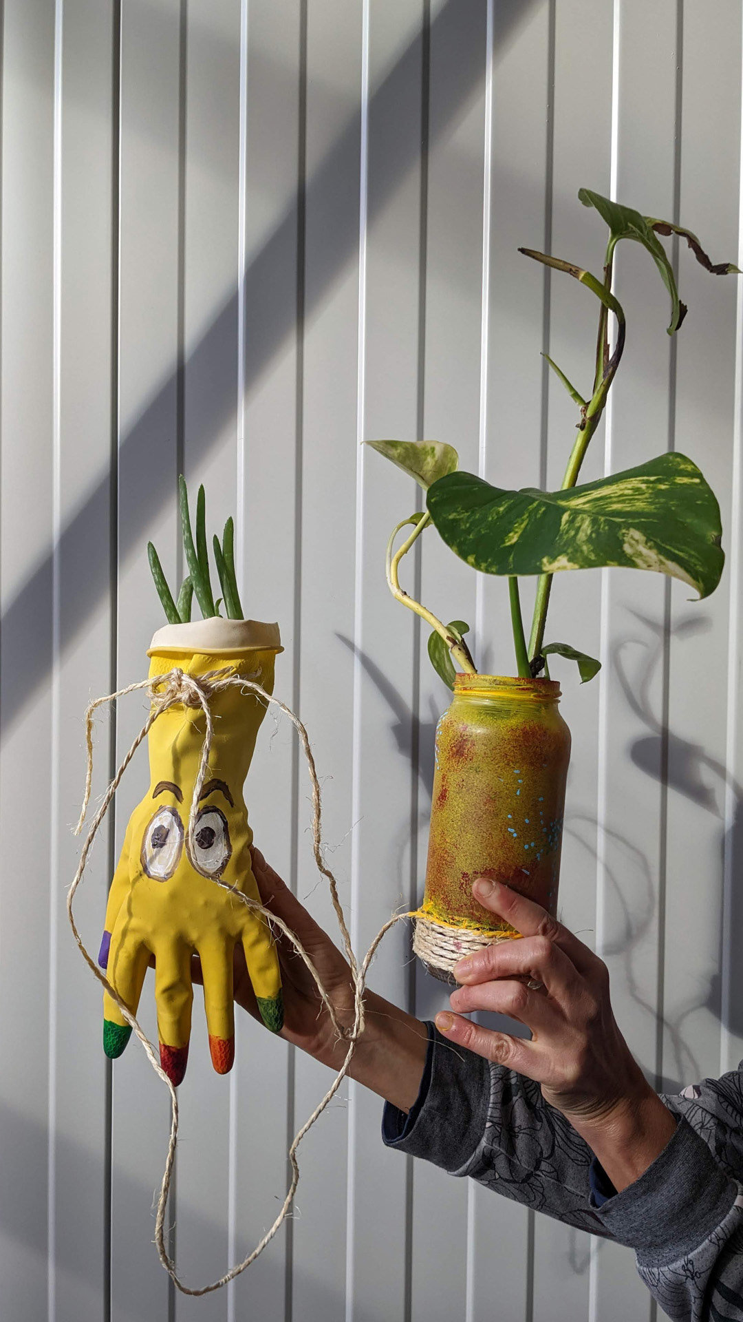 Rubber gloves and glass jar • Aloe vera and Golden pothos • “All the time when I wash my dishes I always broke the right hand glove. I always have spare left ones and I never know what to do with them.”