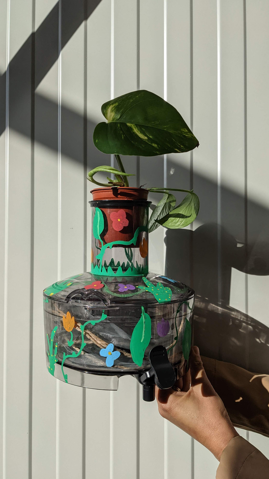 Food processor top • golden pothos • “I like taking something from outside in the garbage and making it into a work of art. This looks like it was the top of a food processor, but now it can be a work of art and house beautiful plants!”