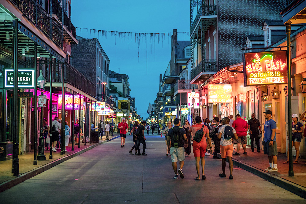Bourbon Street as a main tourist attraction of New Orleans.