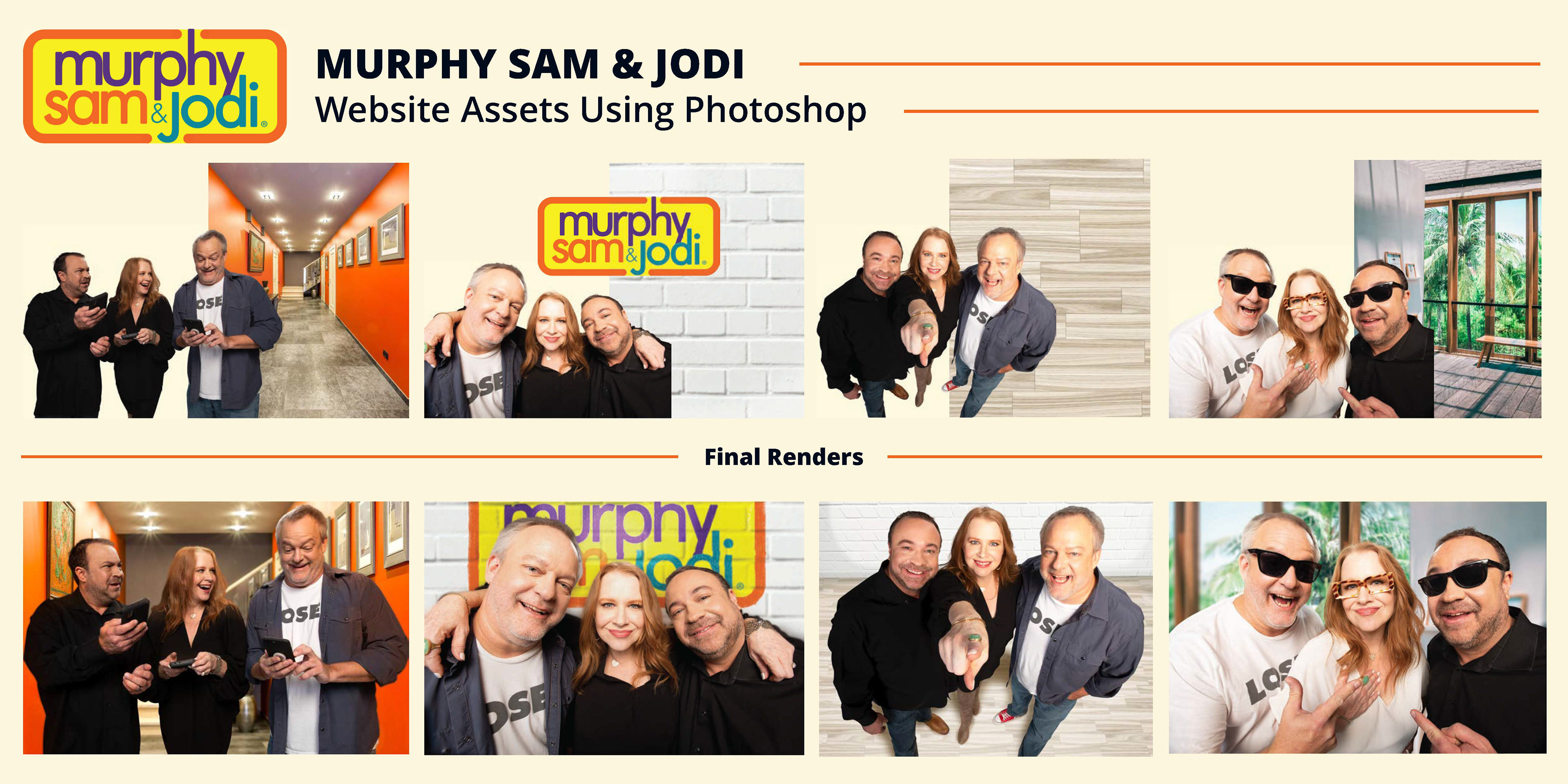 Composite images made from cutting out studio photos, and adding in backgrounds and lighting