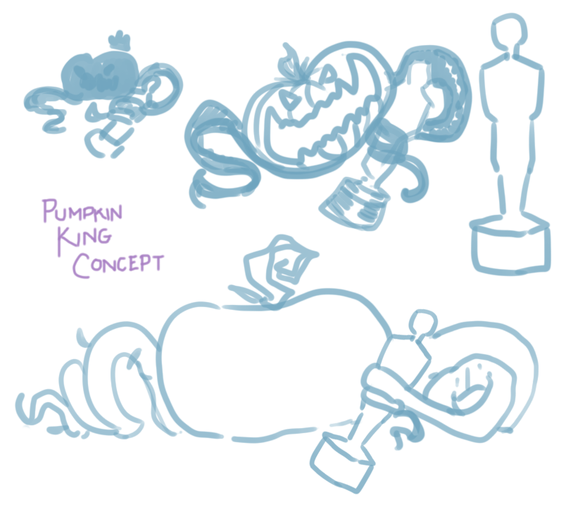 Initial Concept: Spooky pumpkin with a crown and holding an Oscar