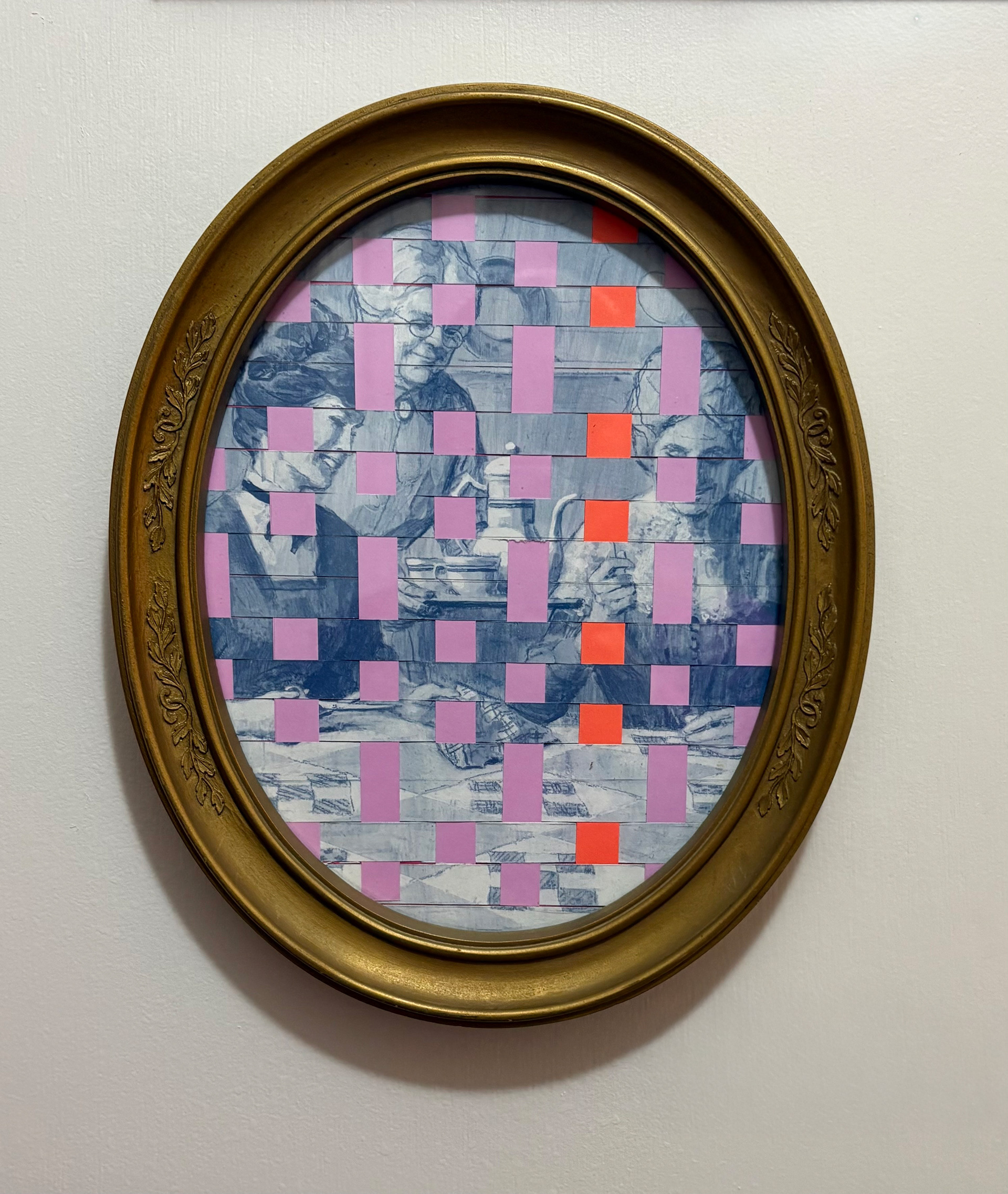 "Woven In", card stock and magazine in a thrifted frame