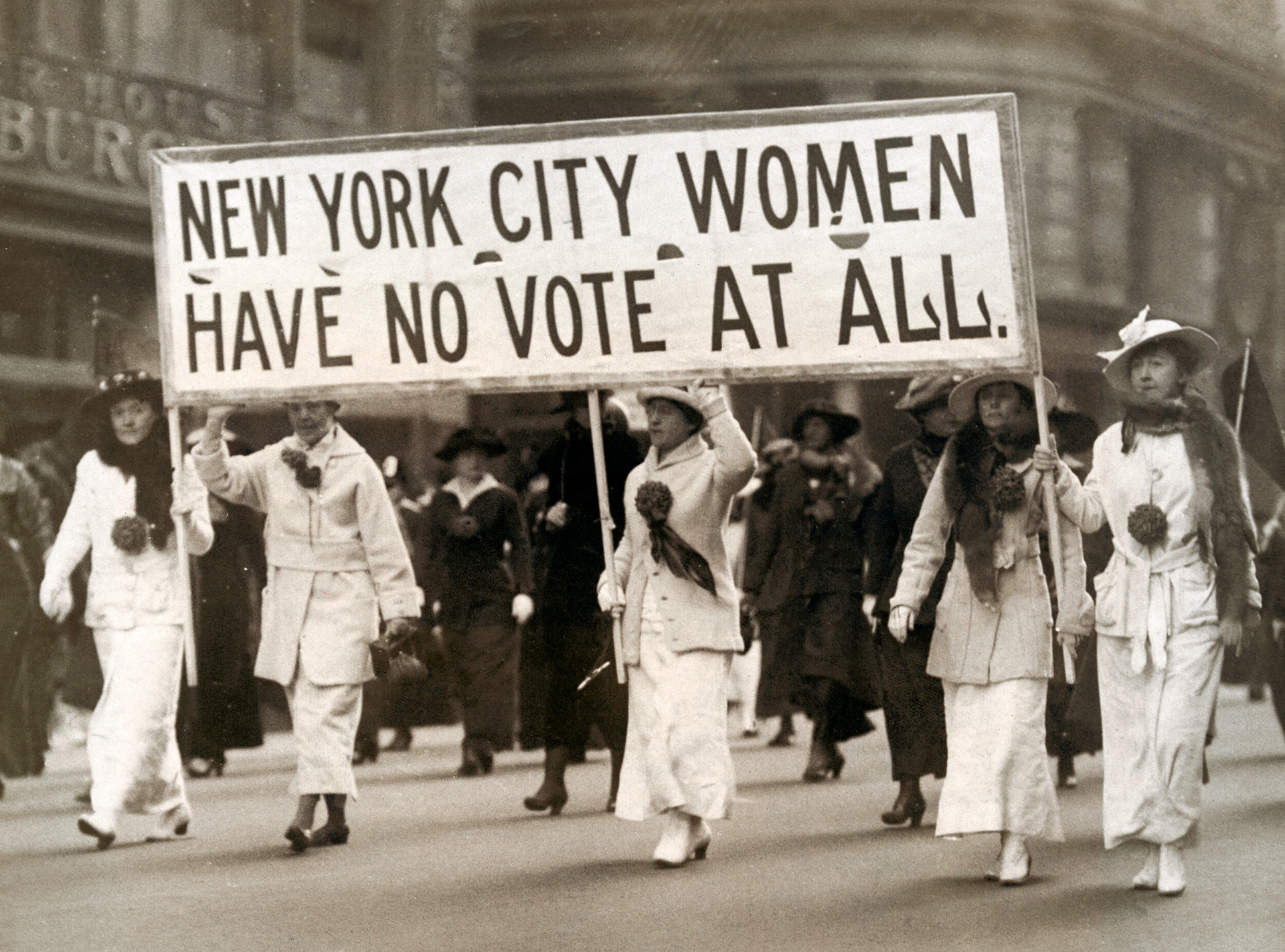 Photo by Bettmann/Getty Images: New York’s 1915 suffrage parade was the largest held in the city until that time. The parade was led by skilled political strategist, suffragist, and peace activist, Carrie Chapman Catt.