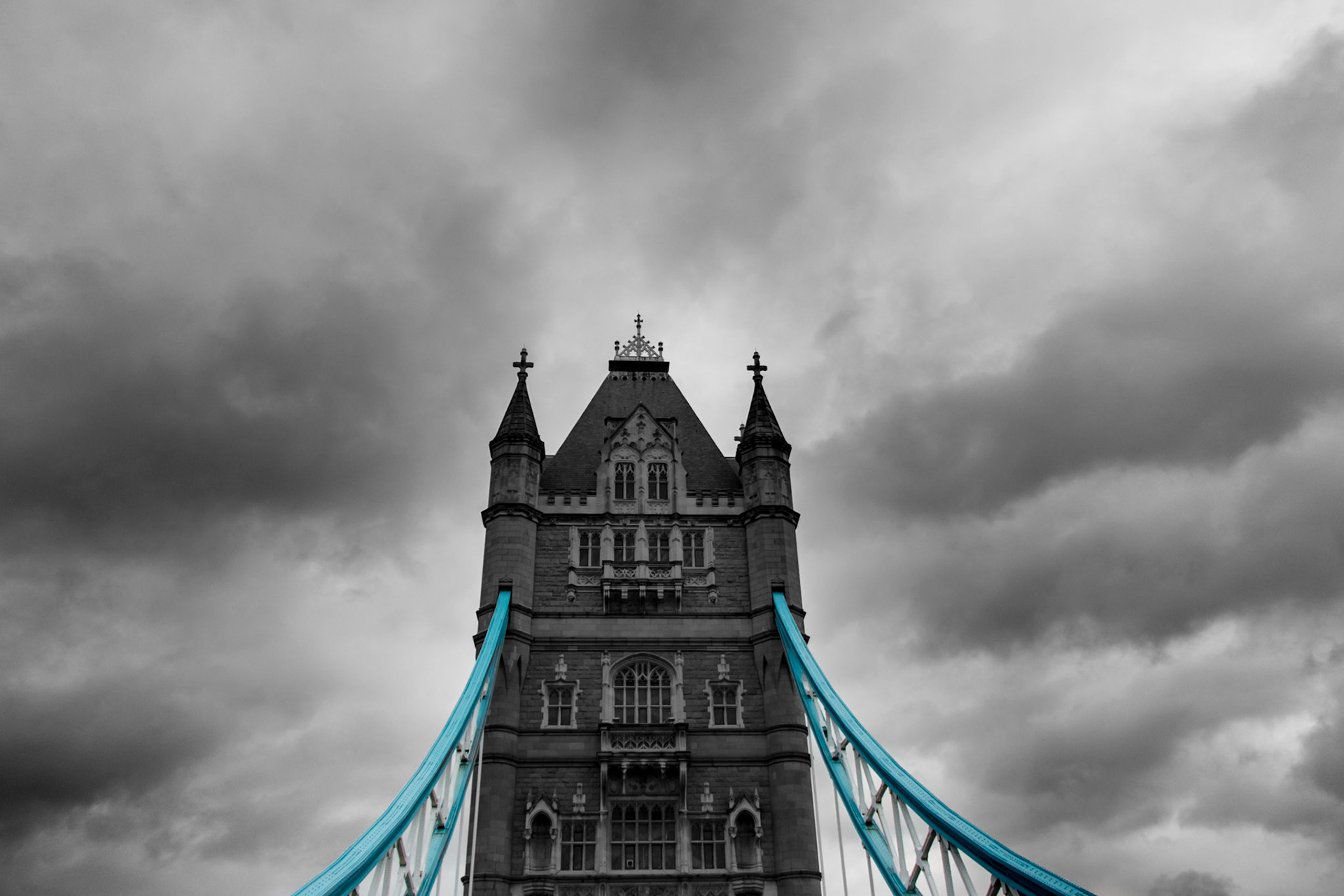 The view looking up as we drove over Tower Bridge, London. This was the best shot of the few I took. I'm slightly annoyed that the angles arent quite right (as we weren't straight-on with the bridge at this point), but with the dramatic sky I thought it to be a worthy shot anyway.