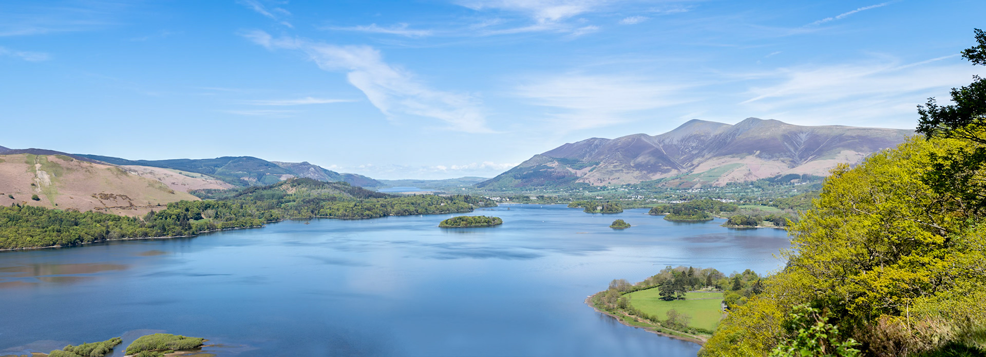 A panorama overlooking Derwentwater, Keswick, and Bassenthwaite Lake from Surprise View (and it really is a surprise!, you don't expect the view until you're right up in it!)