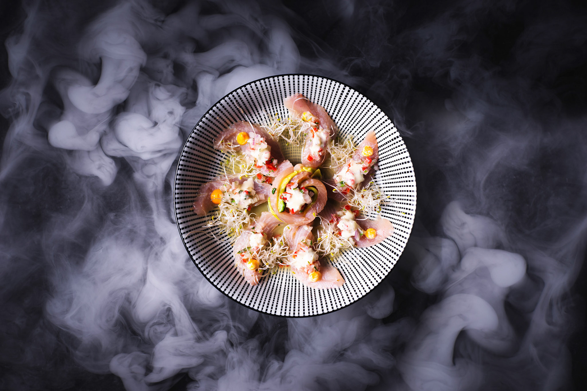 Plato de ceviche con un fondo de vapor