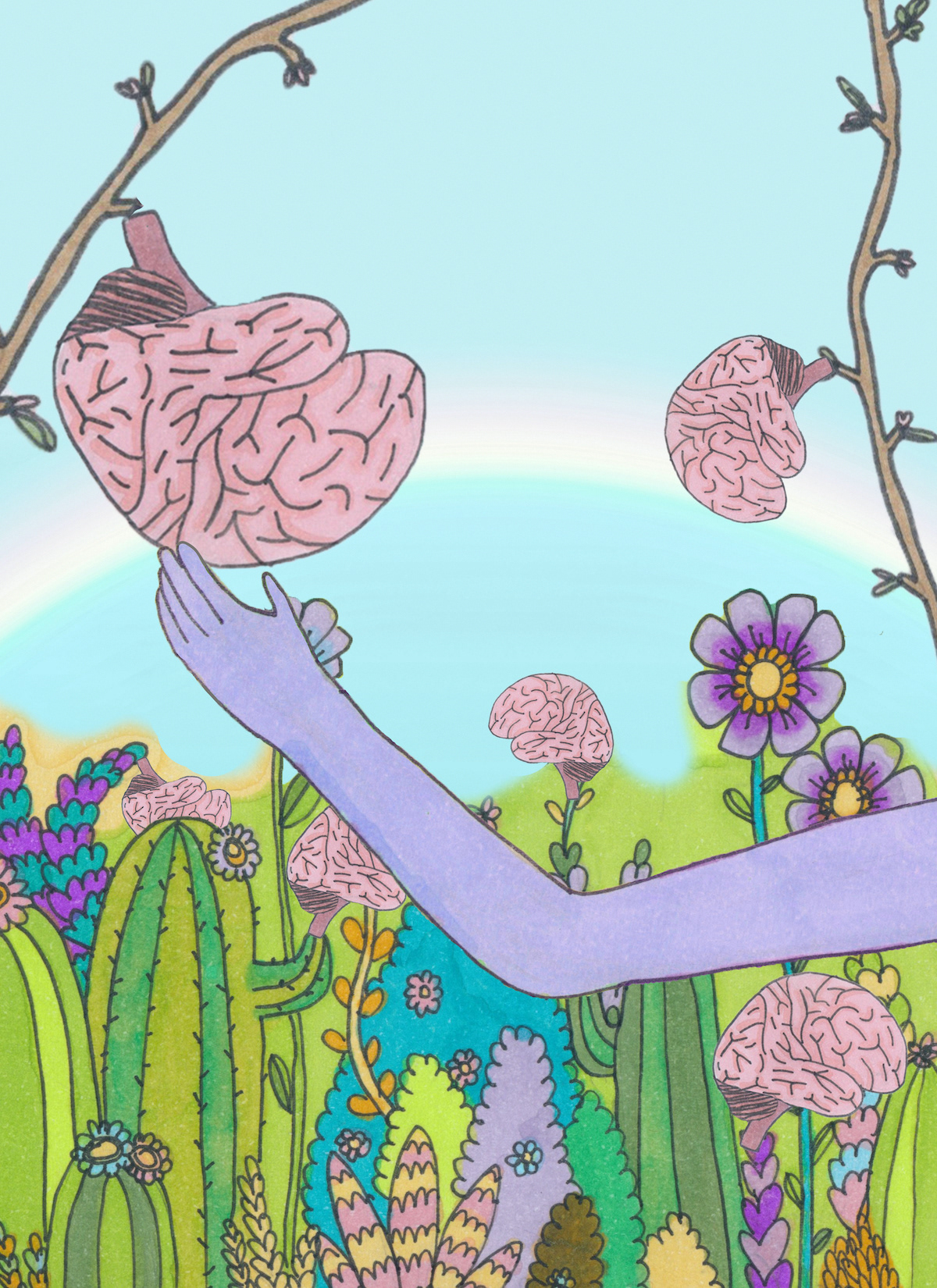 An illustration for a collection of 3 poems titled "In Being and Becoming Beautiful" published in MUSE Magazine.
