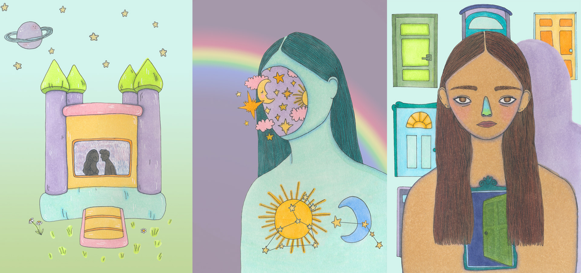 A triptych illustration for a collection of 3 poems titled "Butchered Prayers and Growing Pains" published in MUSE Magazine.