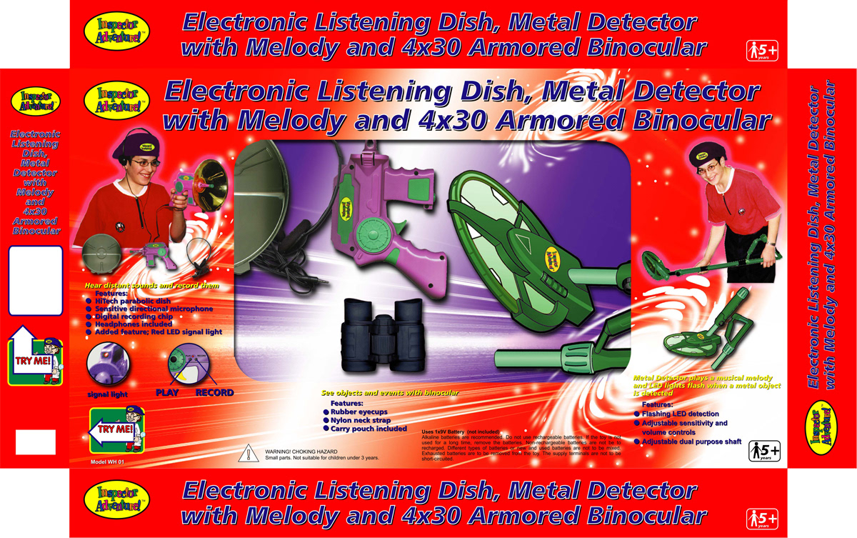 electronic listening dish and metal detector front of box