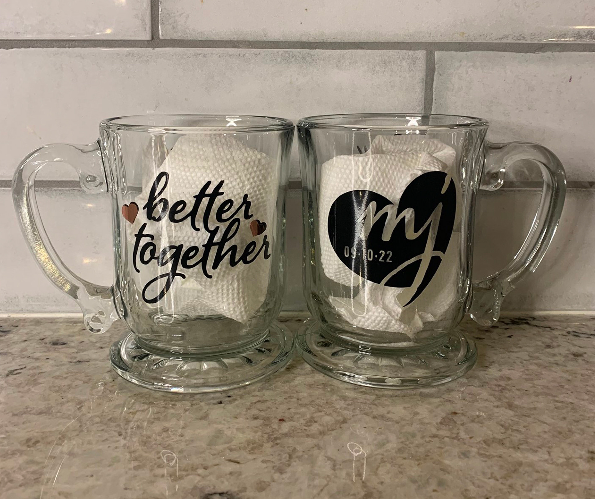  2 wedding mugs on the counter