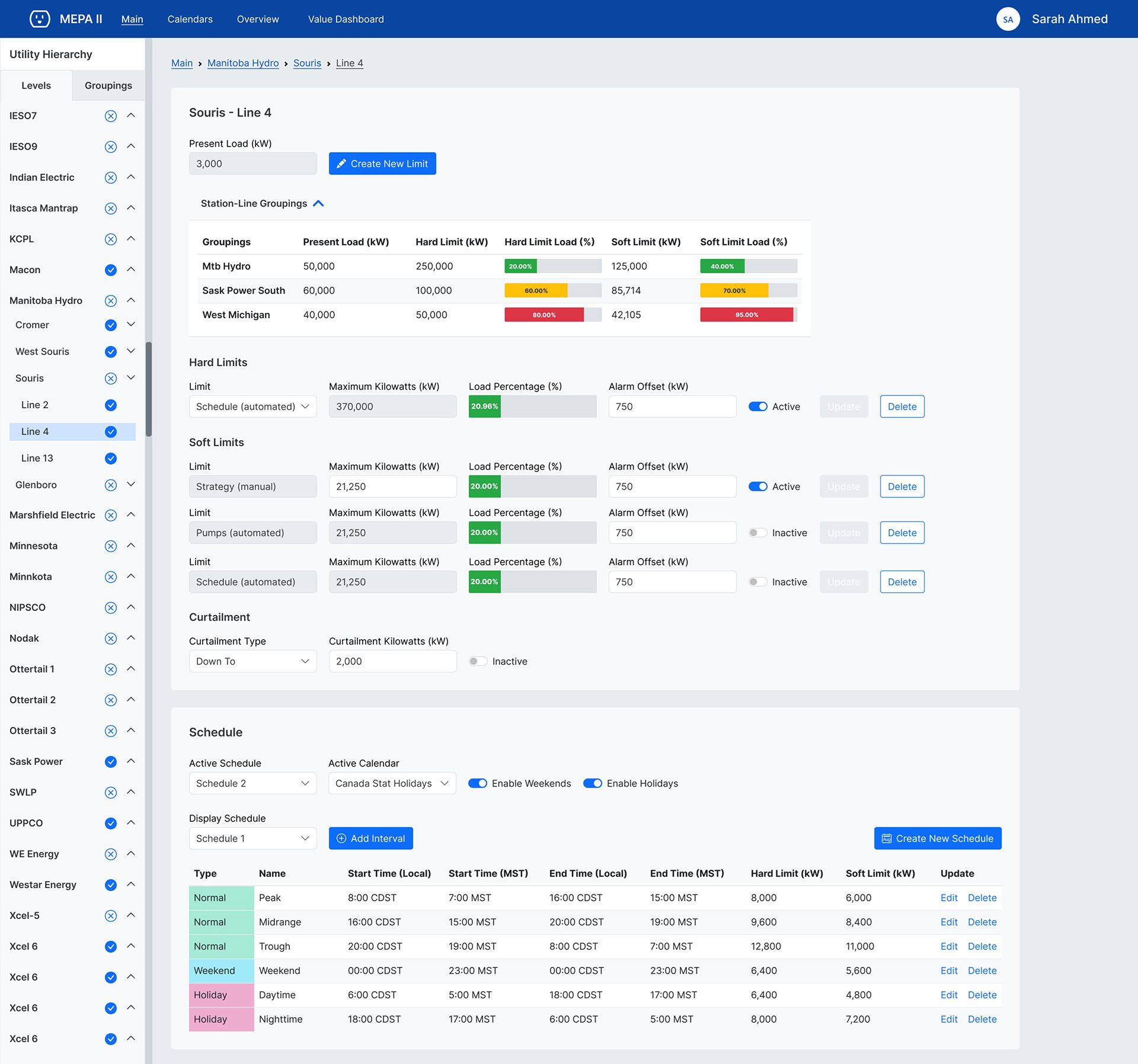 UI for a power station with fields for power limits, present readings, curtailments, colour coded alarms, and a robust schedule feature.