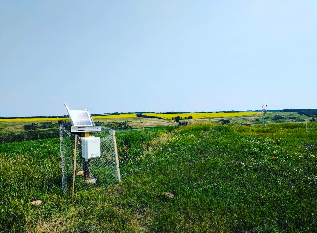 A photo of the Leduc landfill biocover test plot, including a solar powered monitoring station for temperature and moisture probes, and a weather station. Photographed on a sunny afternoon with sun reflected off the solar panels and bright canola flowers in the background.