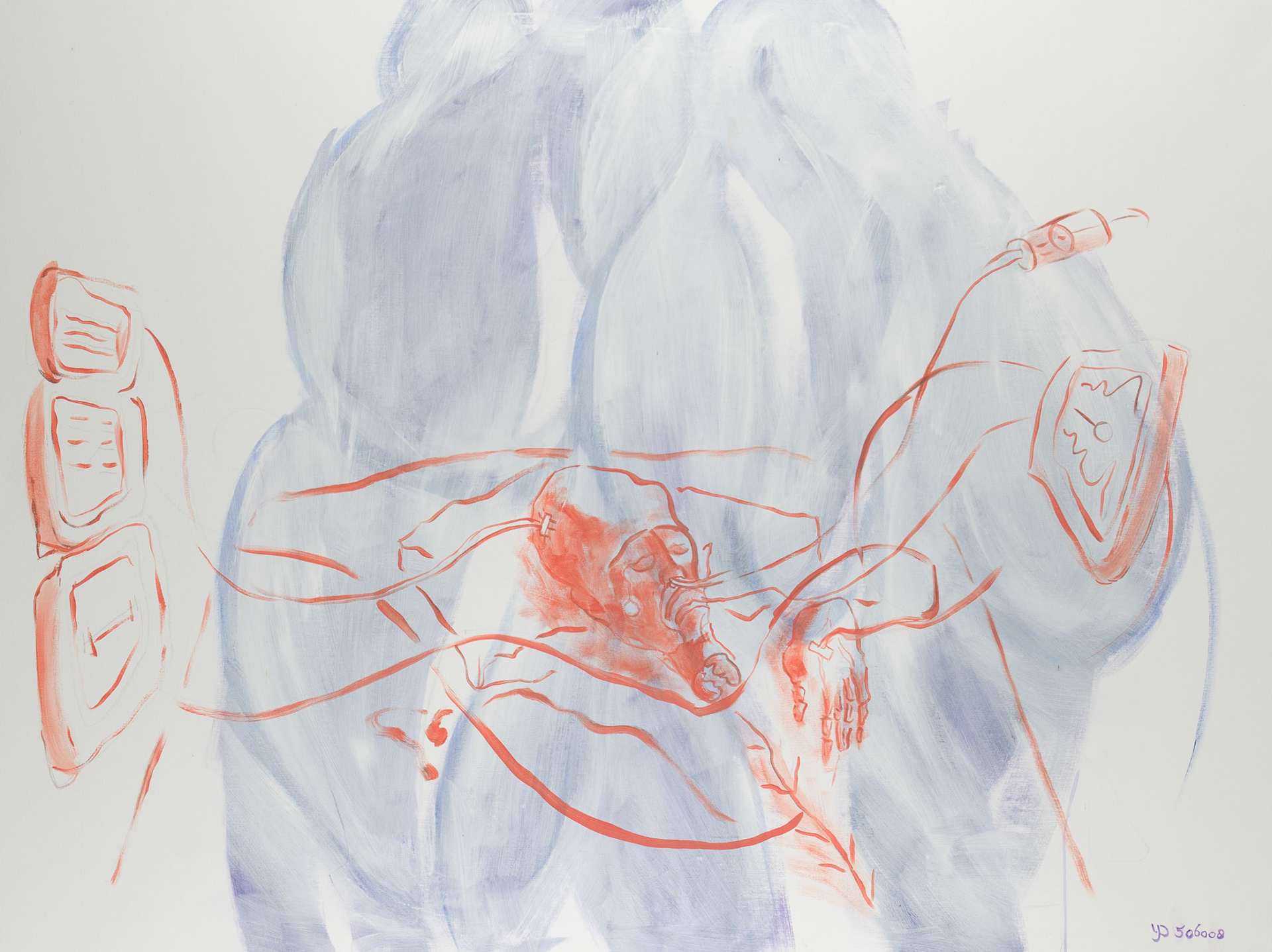 intensive care. 2008; 110x150cm; acrylics on canvas; 200x 150 cm; being hooked to the pharmaco-medical complex.
