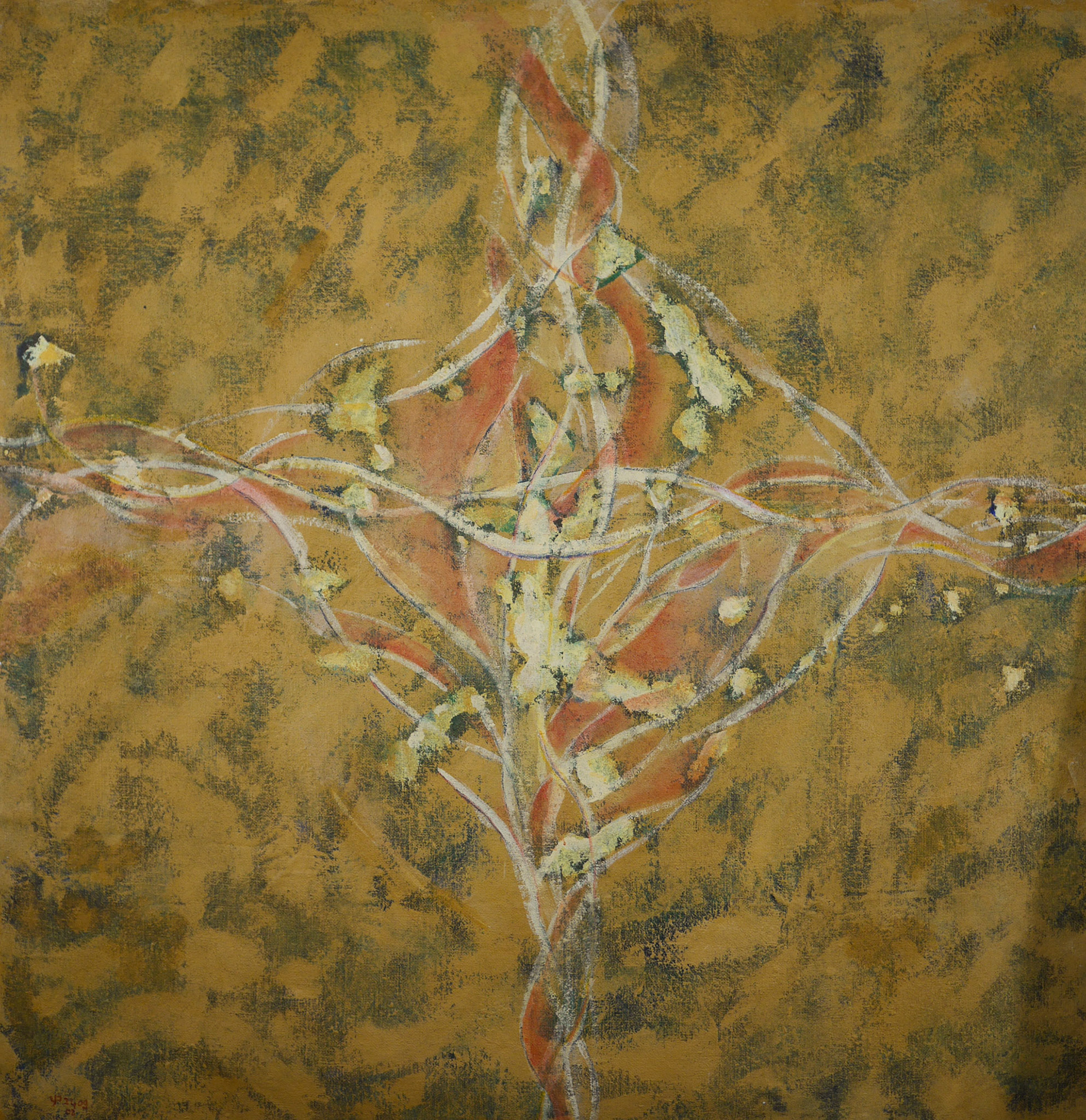 emergent; 2005; mixed medea, acrylics, on jute; 140x140cm