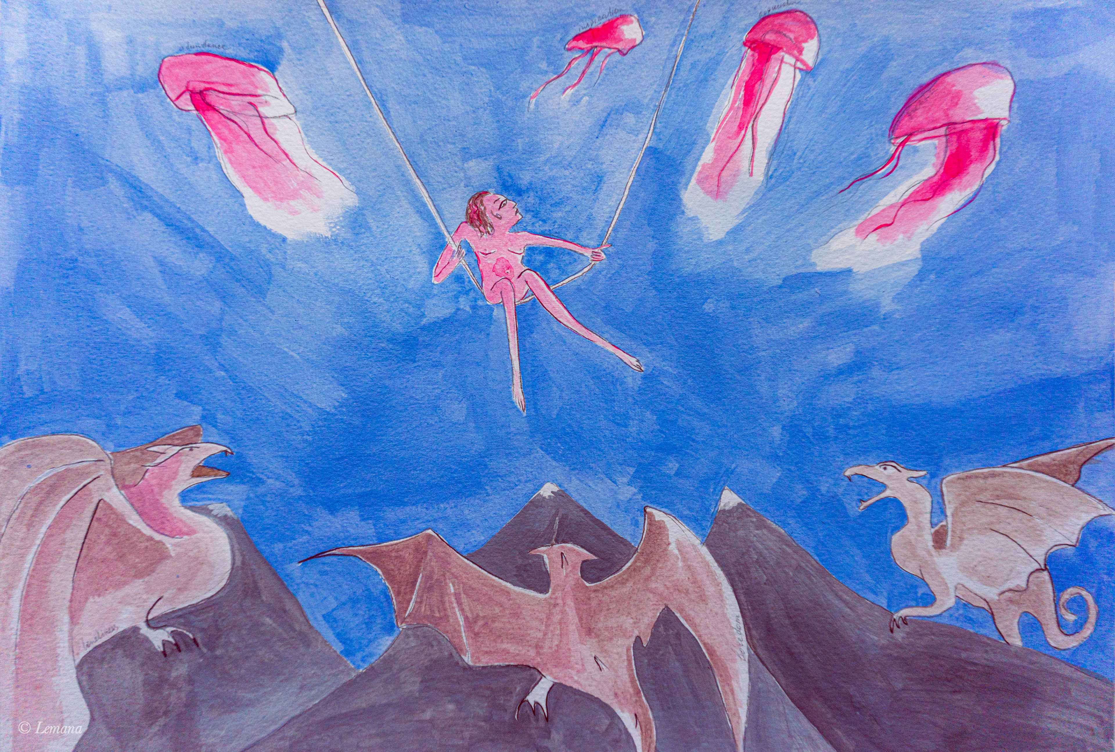 Three dragons and four jelly fish, mixed media on paper, 42x30cm