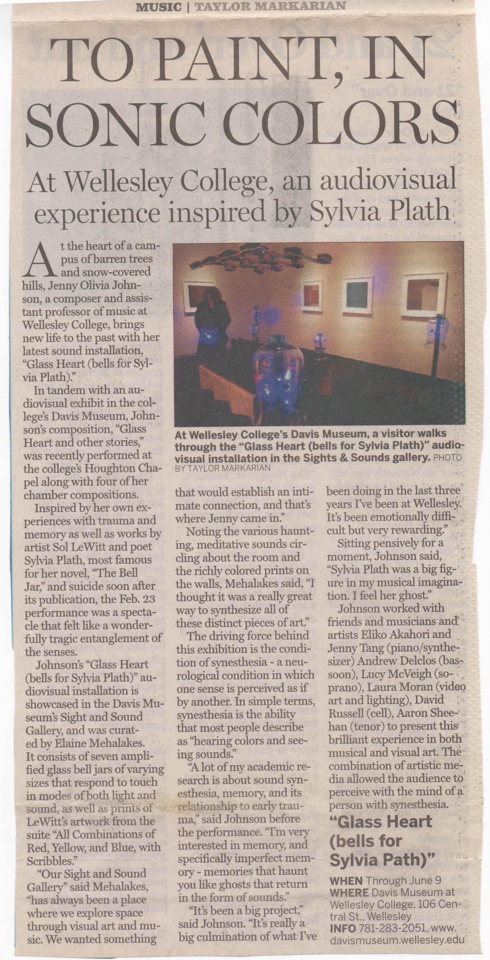 "To Paint in Sonic Colors" Metrowest Daily News article on Sylvia Plath Exhibit, interview by Taylor Markarian