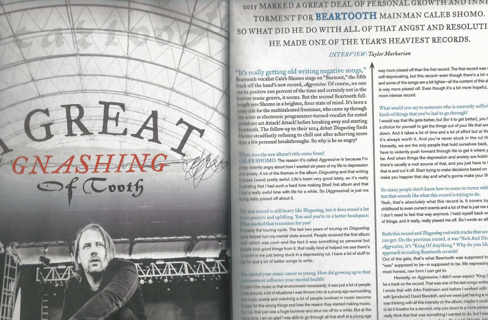 "A Great Gnashing of Tooth" print article Q&A with Caleb Shomo of metalcore band Beartooth by Taylor Markarian