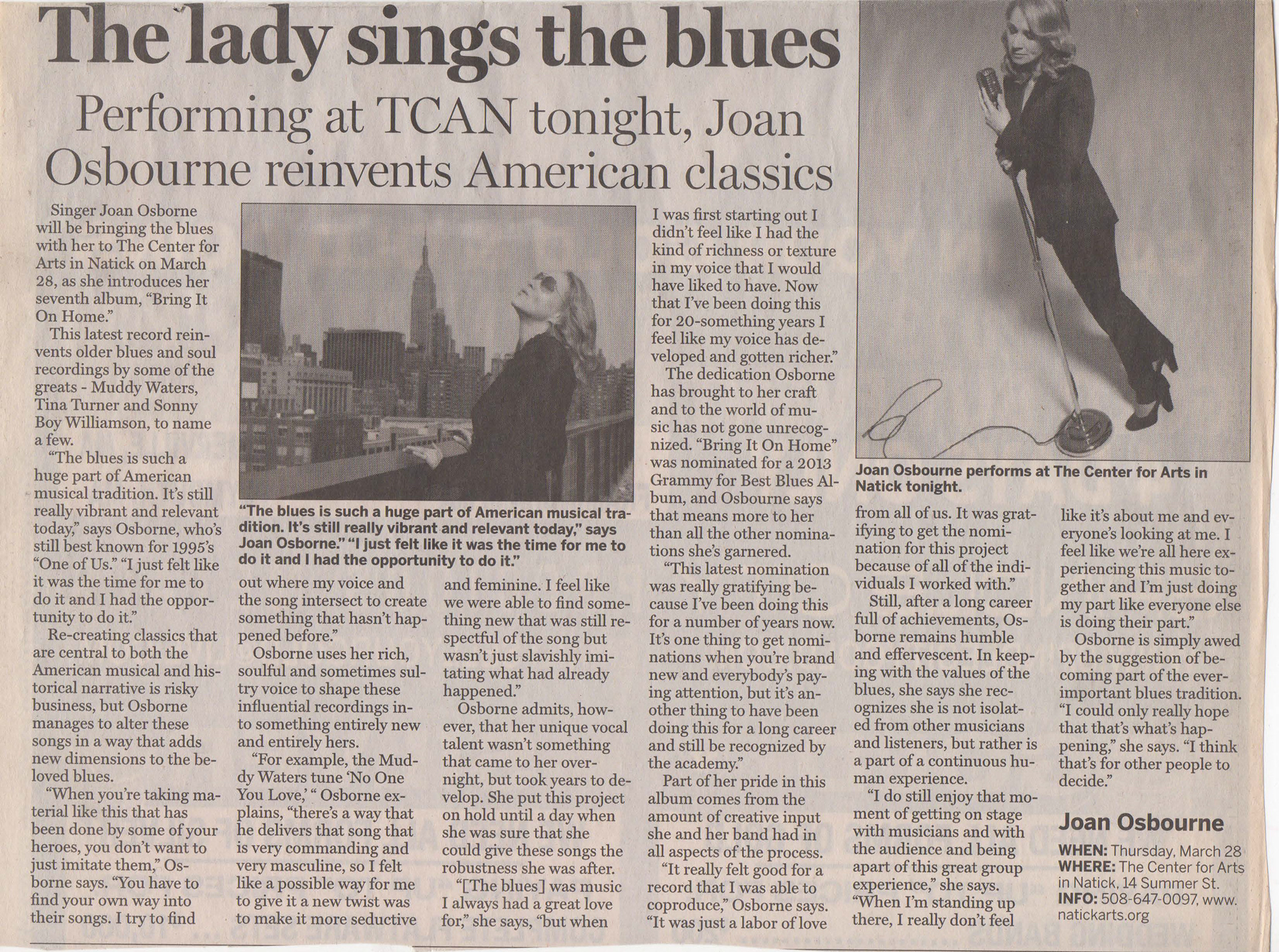 "The Lady Sings the Blues" Metrowest Daily News article on Joan Osbourne, interview by Taylor Markarian
