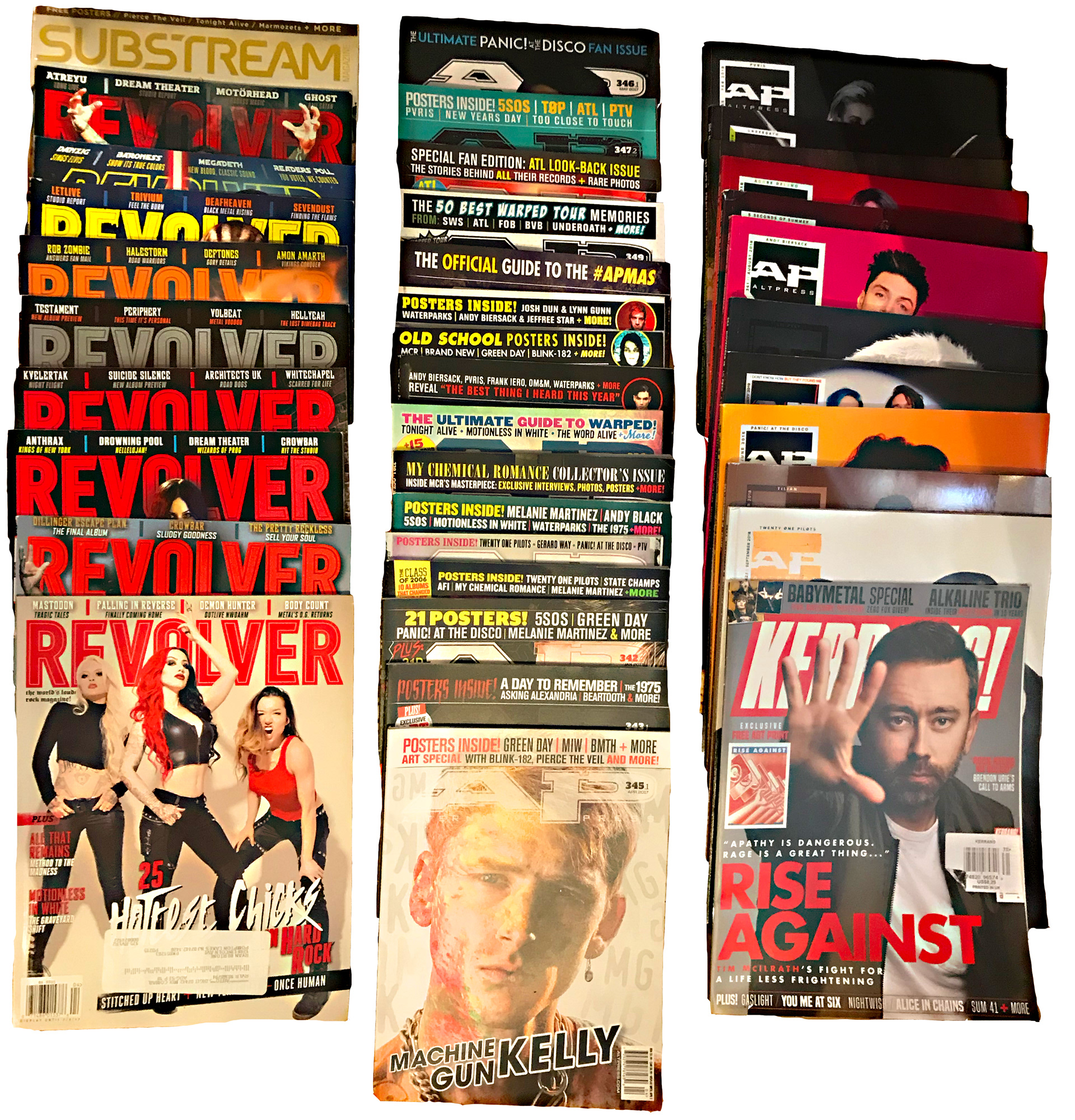 Print issues of Revolver, Alternative Press, Substream, and Kerrang! magazines featuring articles by Taylor Markarian