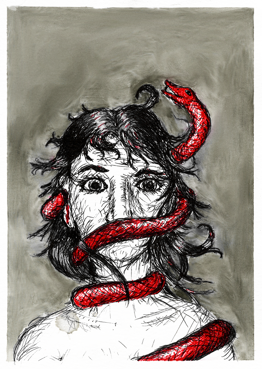 Girl with Snake (Ink, Pen & Brush)
