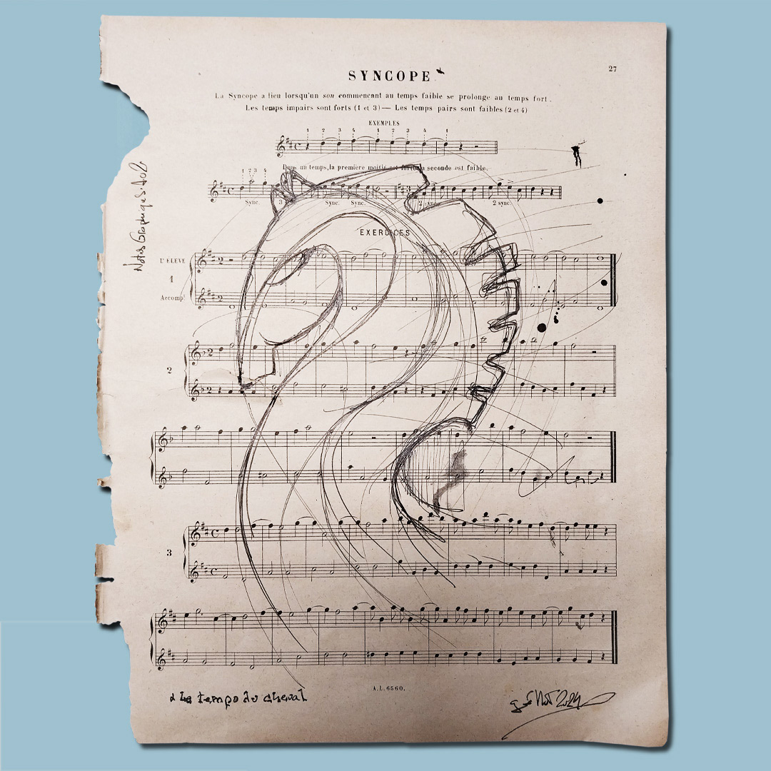 Le tempo du cheval (encre sur partition musicale)