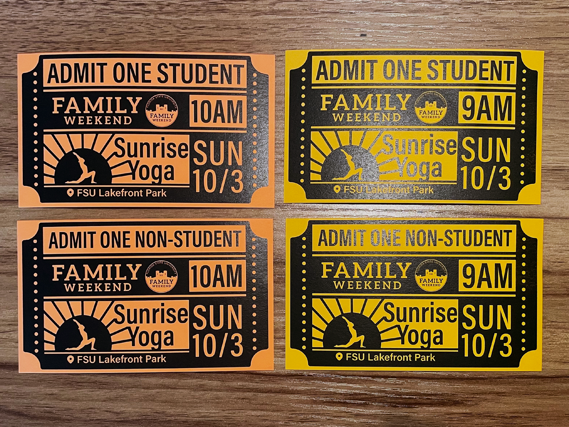 Photo of printed Family Weekend yoga tickets.