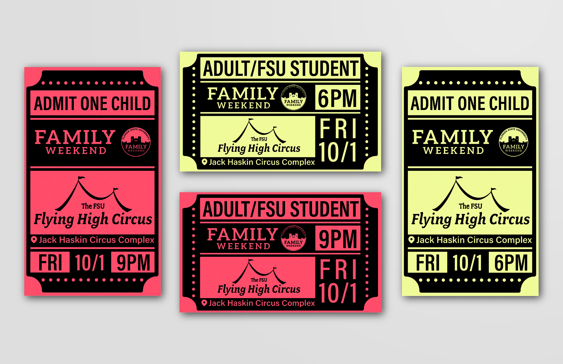 Digital graphic of crimson and chartreuse Family Weekend Circus performance tickets.