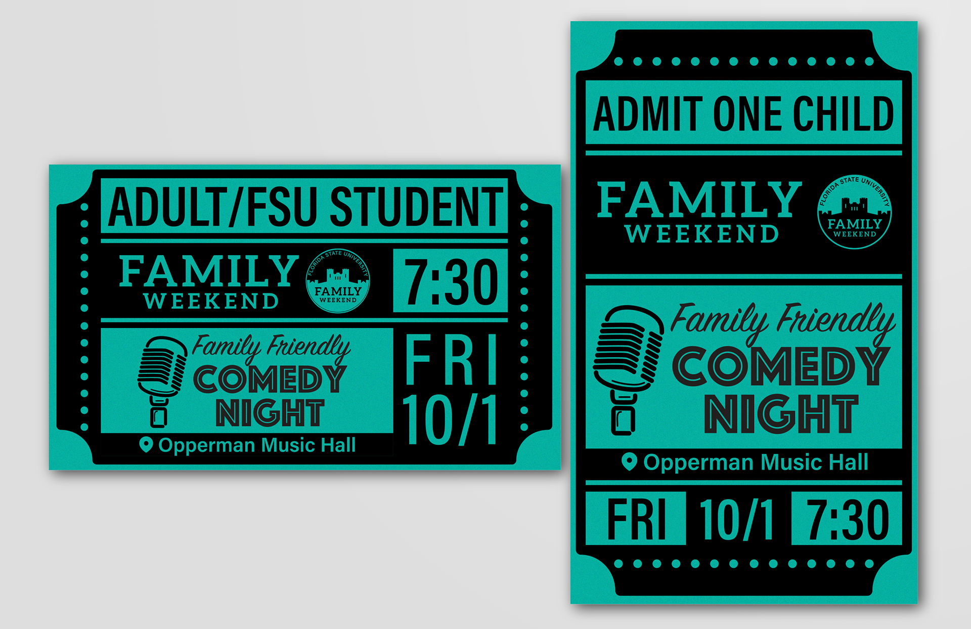 Digital graphic of teal Family Weekend Comedy Night tickets.