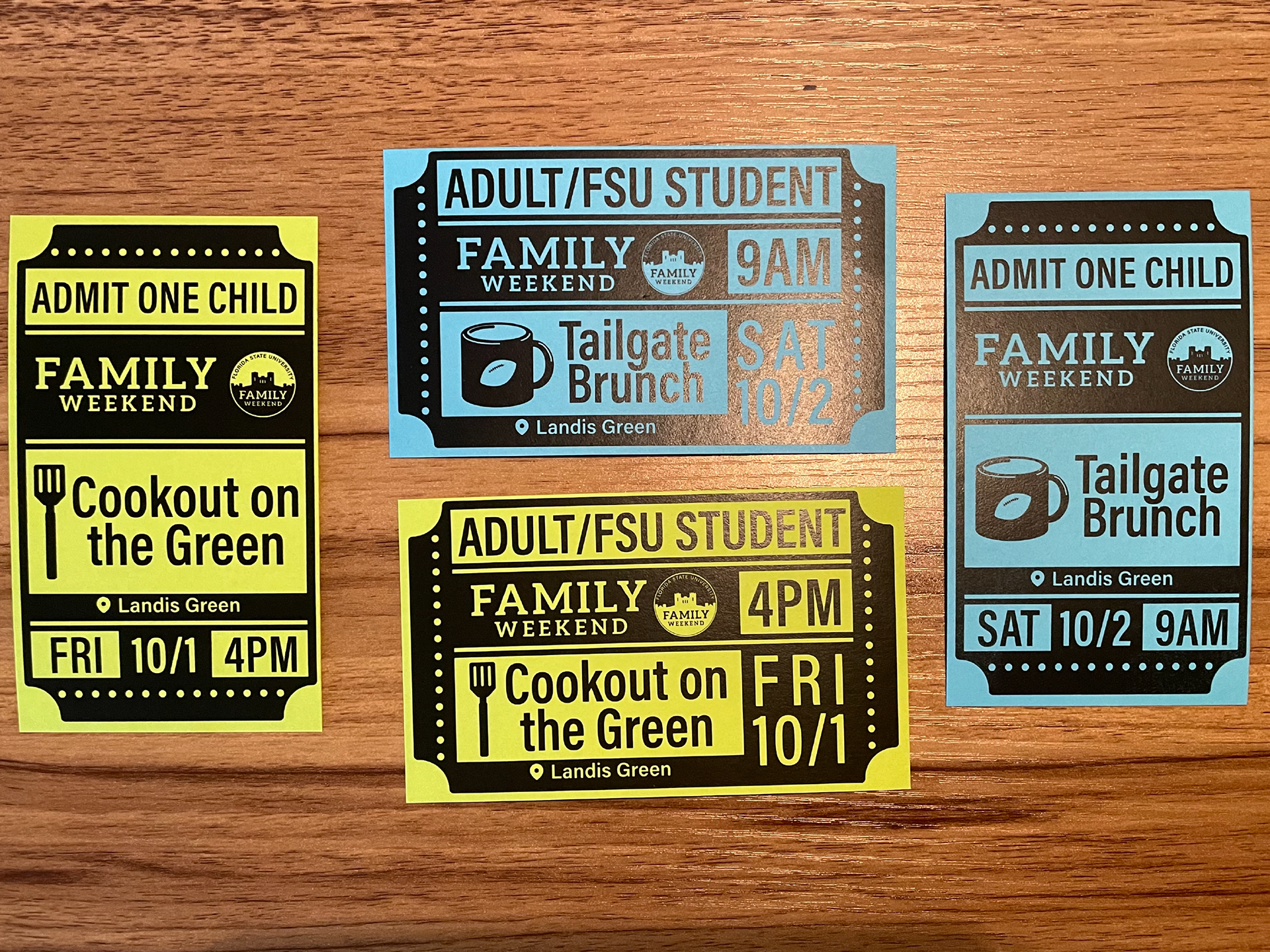Photo of printed Family Weekend meal event tickets.