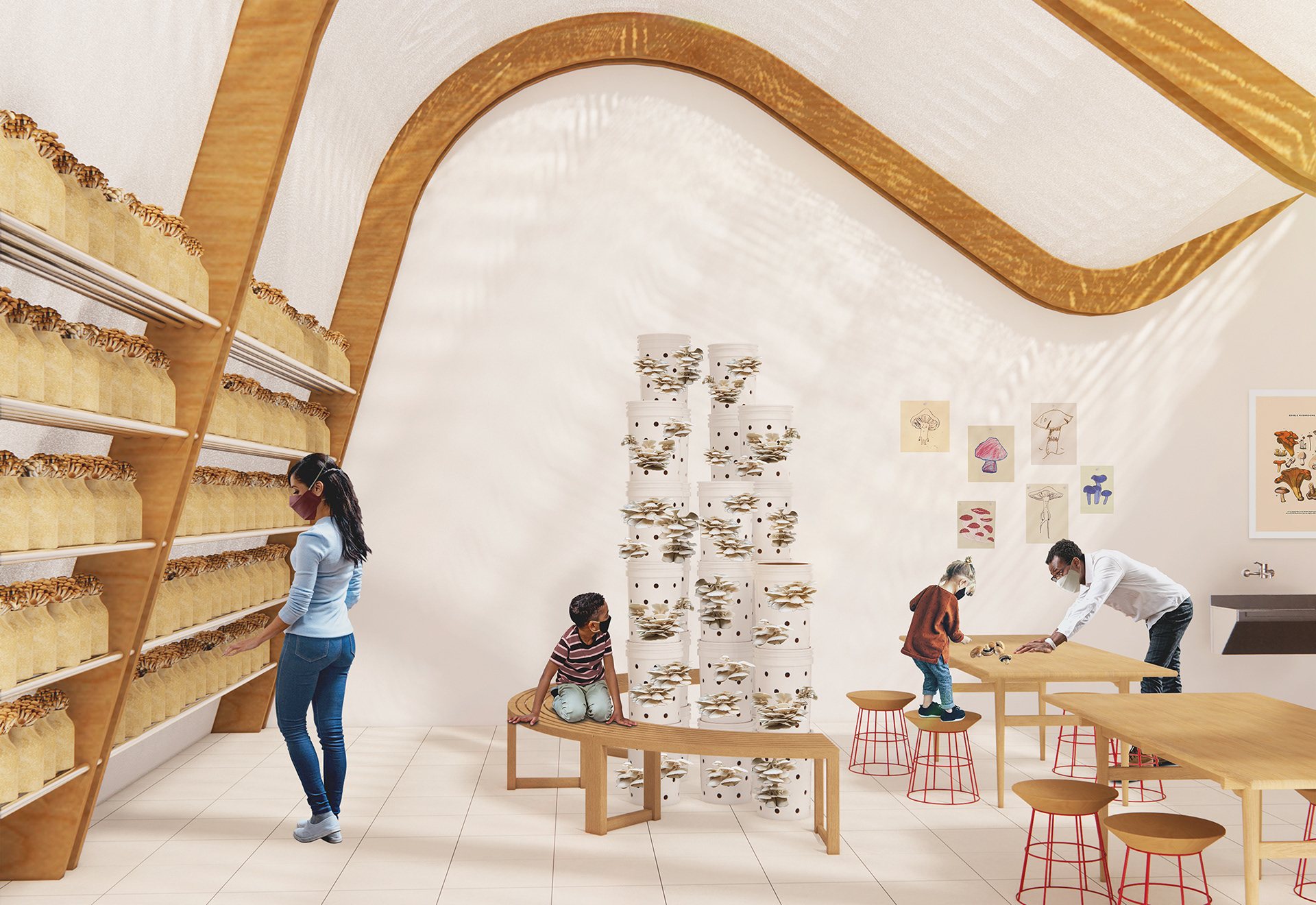 The fruiting chamber in Building II is an educational space that emphasizes urban farming and compost recycling. Receiving biodegradable materials from an on-site café and neighboring commercial mall, the fruiting chamber is both processing area and classroom for East Austin residents to learn about sustainability and cultivation.
