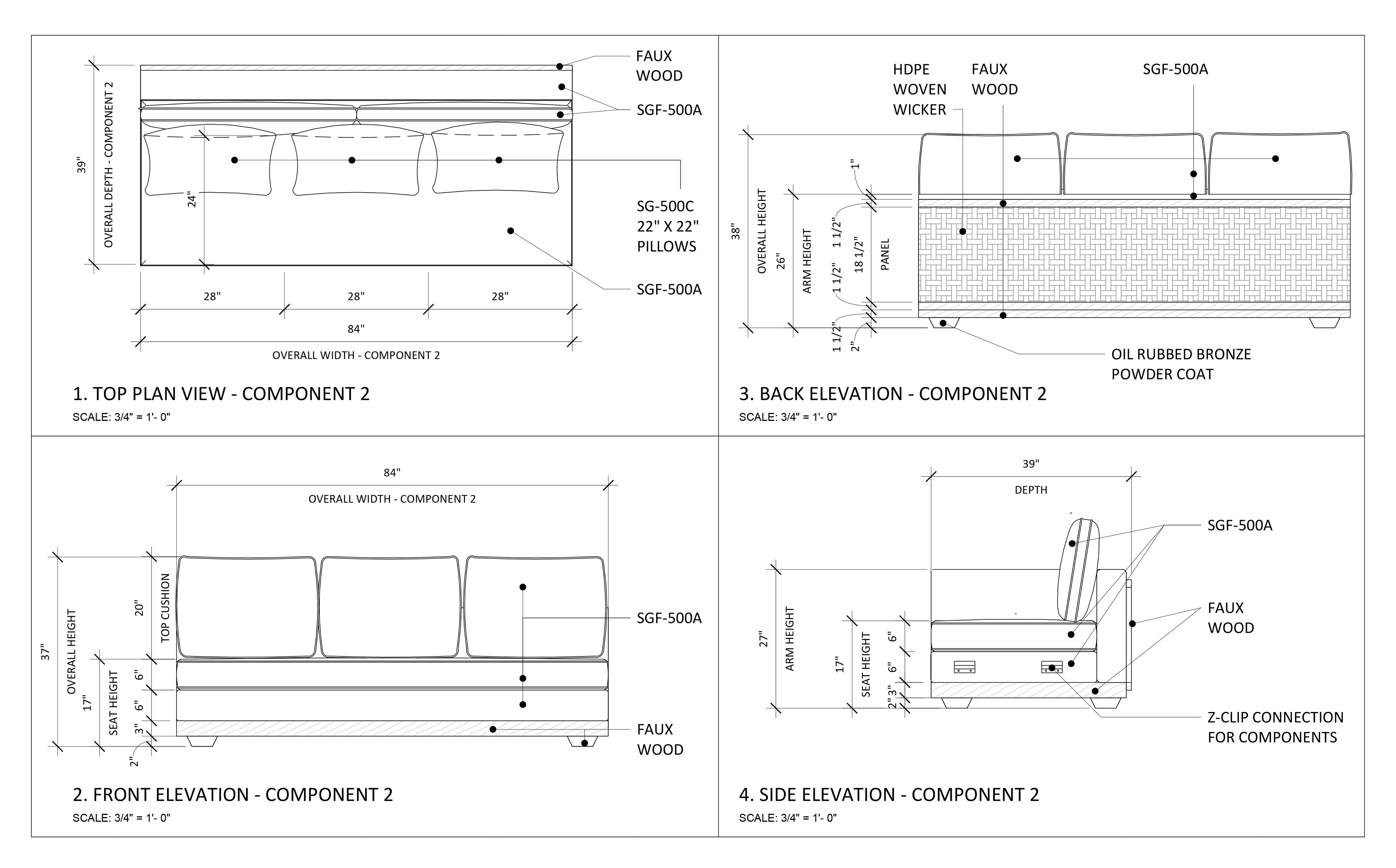 Custom U-Shape Sofa Specification Drawings